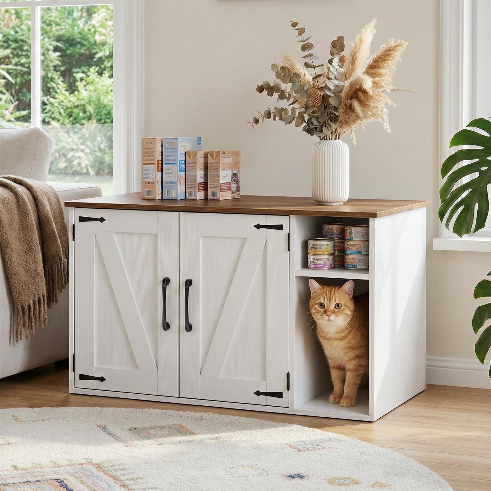 HOOBRO Mueble Arenero para Gatos Estilo Vintage, Caseta para Gatos Oculta, Caja para Mascotas, Mesa Auxiliar Multifuncional, Caja de Arena para Gatos Fácil de Montar, Blanco y Nogal EWH41MW01