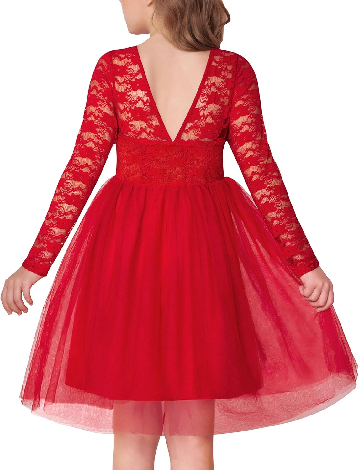 Arshiner Flower Girl Dress V Back Lace Long Sleeve Tulle Special Occasion Wedding Party Dresses
