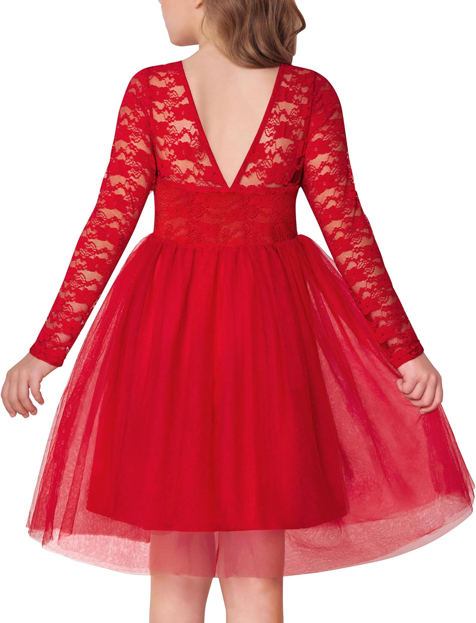 Flower Girl Dress V Back Lace Long Sleeve Tulle Special Occasion Wedding Party Dresses