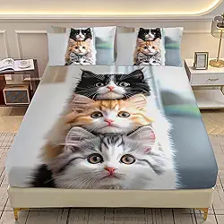 AILONEN Jogo de lençol kawaii Queen com tema de gato, gatinho fofo, para crianças, meninos e meninas, lençol com bolso profundo com 2 fronhas, 3 peças