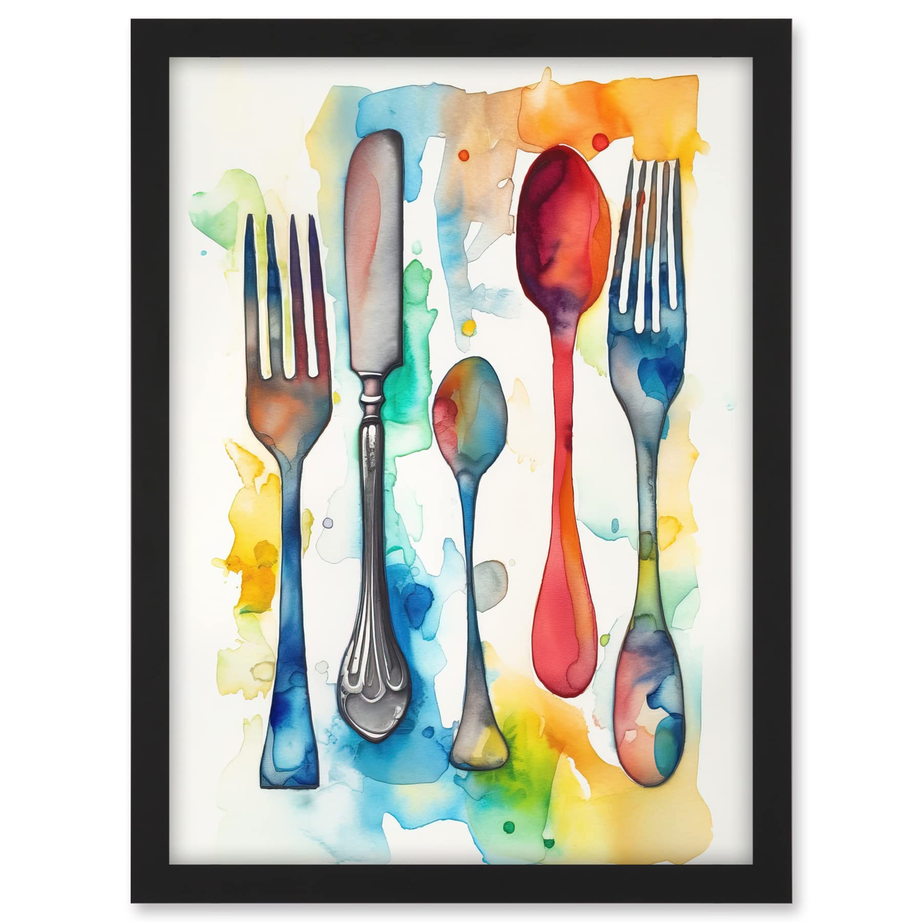 Artery8 Cutlery Forks Spoons And Knife Watercolour Painting Artwork Framed A3 Wall Art Print