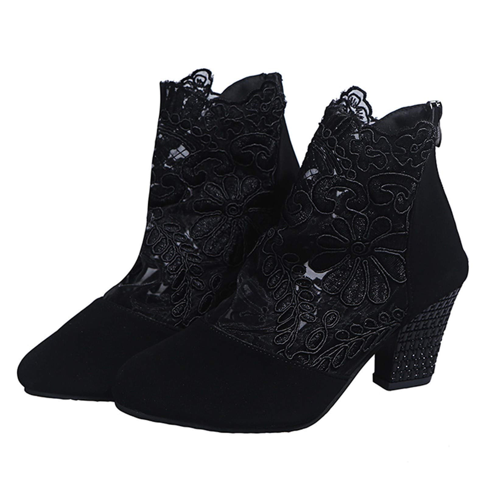 Generico Stivali da Donna in Tulle Vuoto Ricamato Stivaletti con Tacco Largo Corti Elegante Estivi in Pizzo Floreale con Giunzione con Cerniera