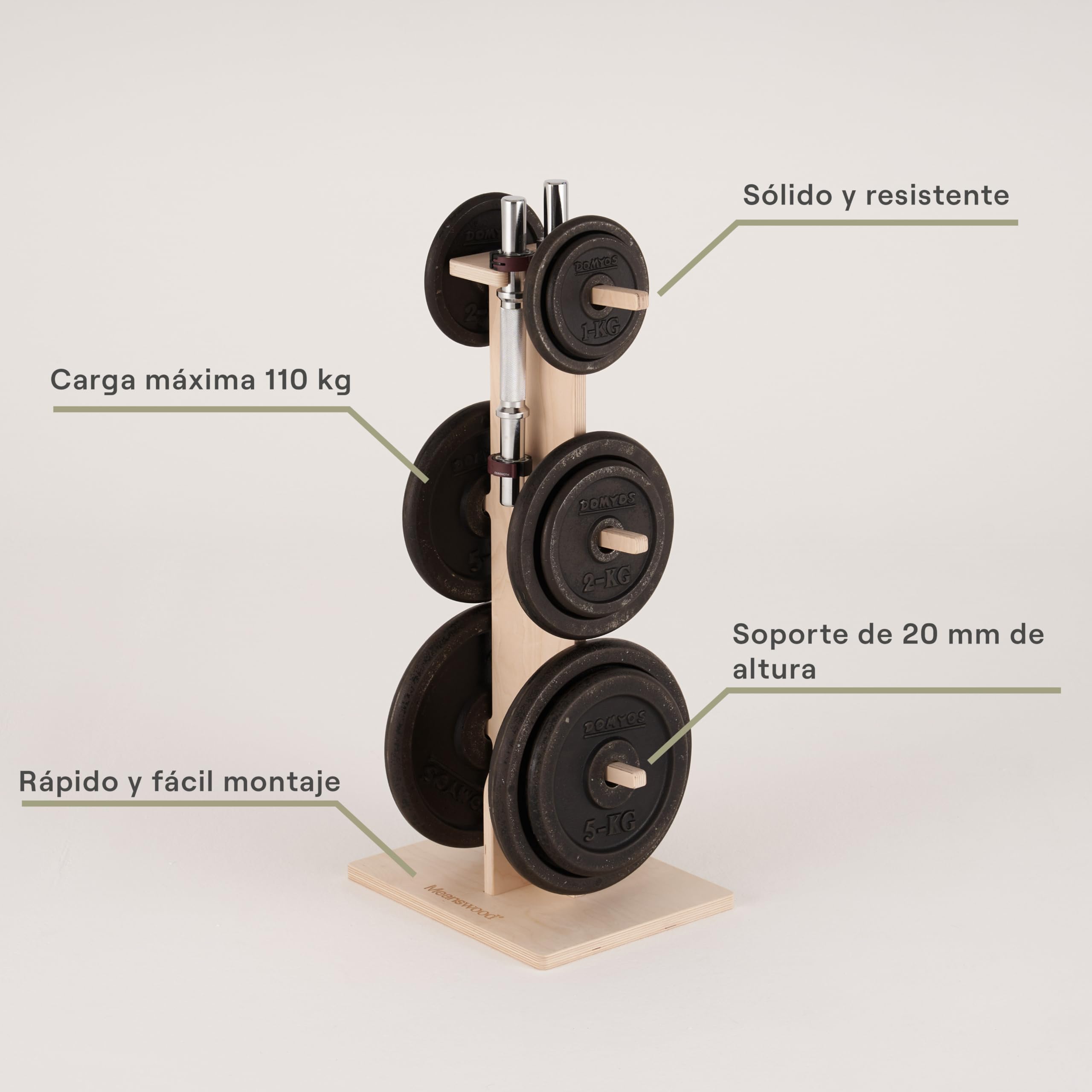 Meanswood Soporte para Discos de Gimnasio en Casa – Estante para Pesas, Barras y Discos, Soporte Compacto de Madera, Capacidad 120 kg - Made in Italy