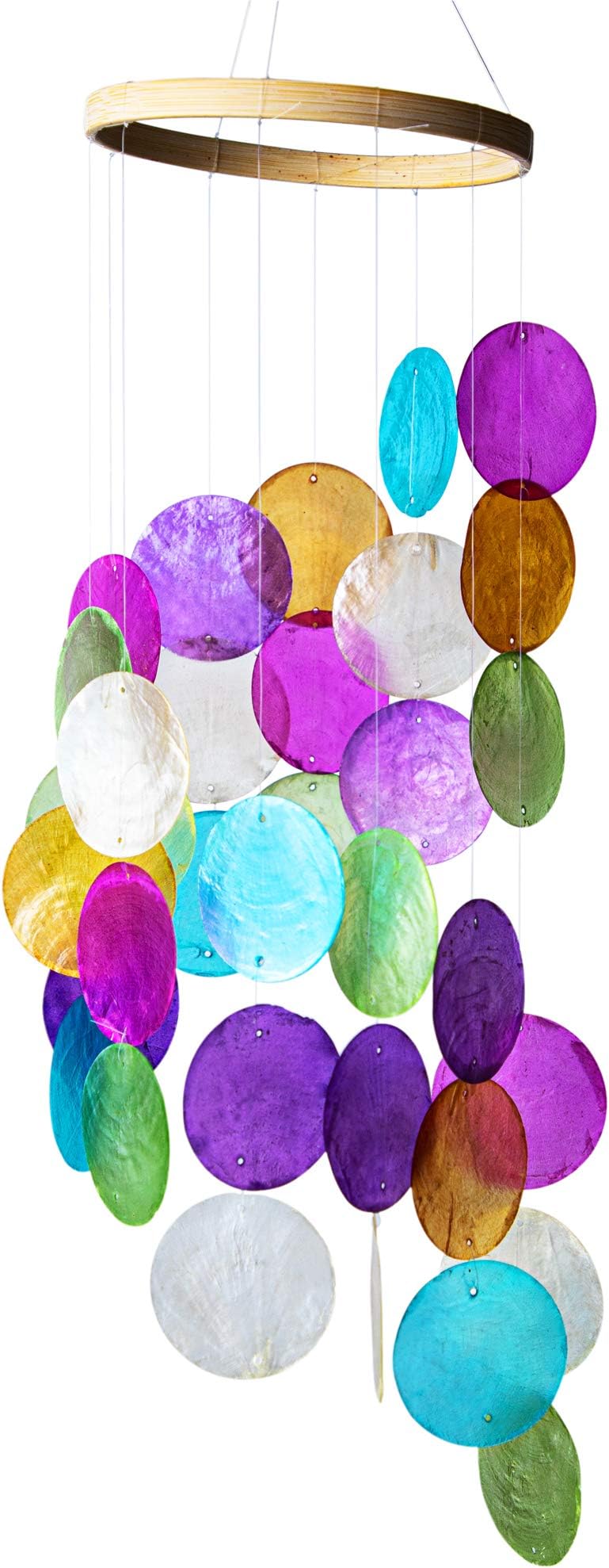 Rainbow Capiz Seashell Wind Chimes Outdoor Indoor Hanging Handmade Painted Colorful Beach Coast Ocean Home Decorative Hanging Mobiles Memorial Sympthy Gift
