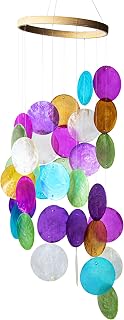 Rainbow Capiz Seashell Wind Chimes Outdoor Indoor Hanging Handmade Painted Colorful Beach Coast Ocean Home Decorative Hanging Mobiles Memorial Sympthy Gift