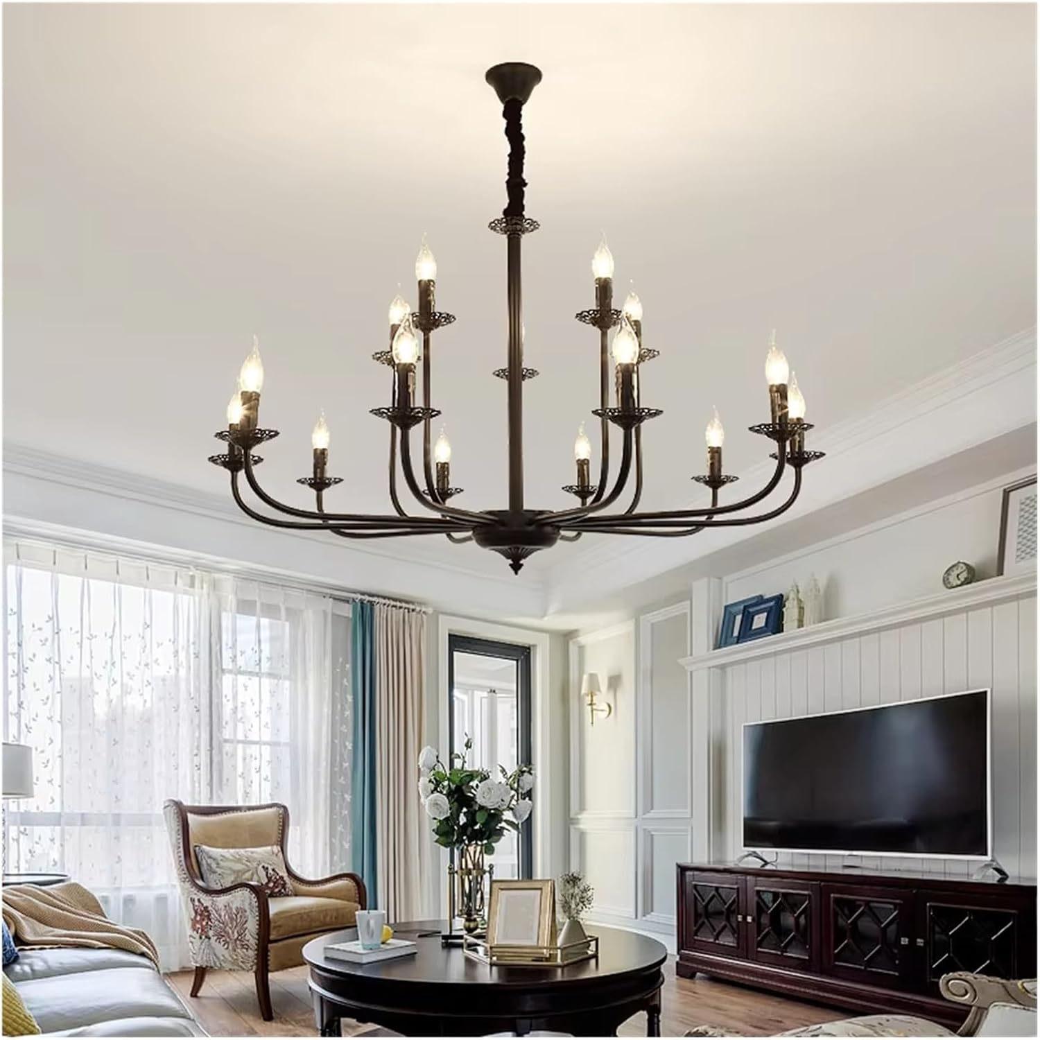 Wrought Iron Chandelier Candle Light Black Metal Lighting Fixture for Living Room Foyer Art Hanging Pendant Lamp,for Decoration