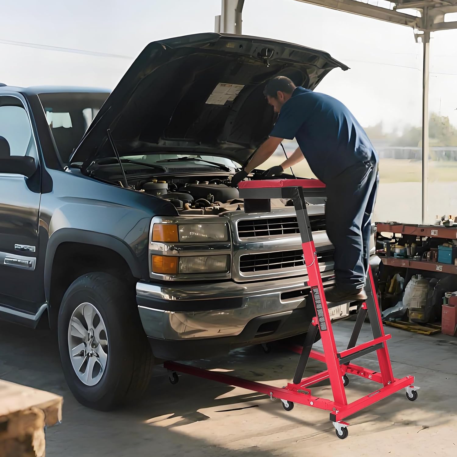 Foldable Topside Automotive Engine Creeper with 48"-66" Adjustable Height