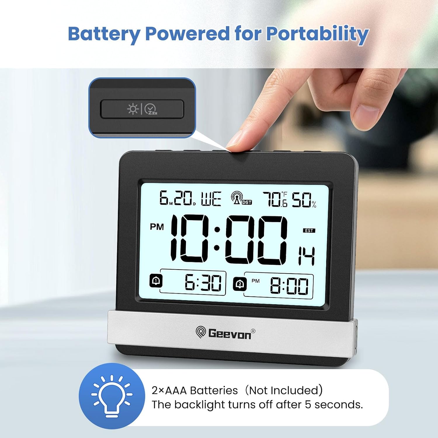 Geevon Atomic Travel Alarm Clock with Indoor Temperature and Humidity