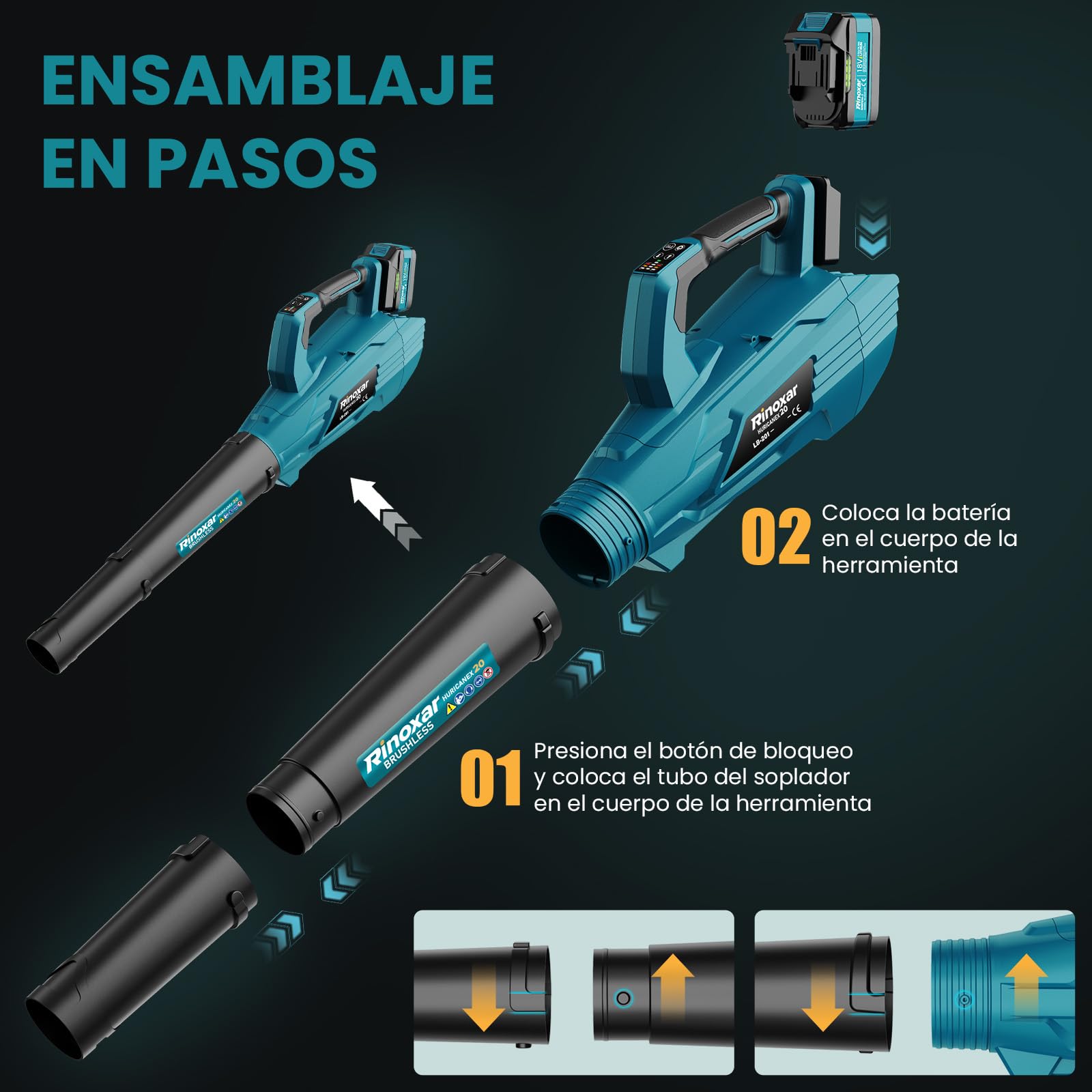 Soplador de Hojas, 5 Velocidades Sopladora de Hojas con Bateria con Motor Brushless, 2 Baterías de 5.2Ah/18V, 35.000 RPM, Velocidad Aire 180 km/h, Vaudal Aire 800 m³/h, 2 Boquillas Intercambiables