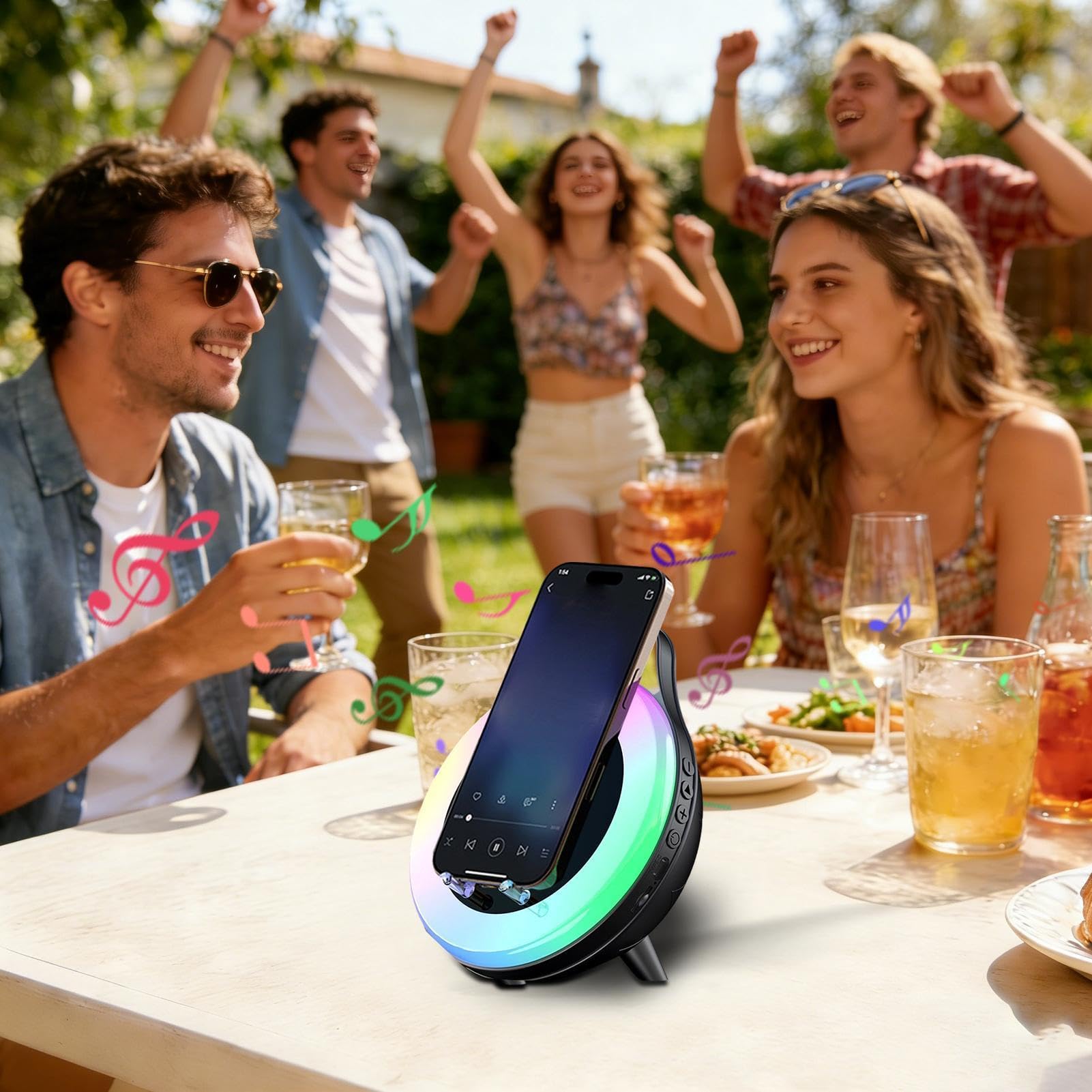 Głośnik Bezprzewodowy Z Podświetleniem RGB, Akumulatorowy, Ergonomiczny | Głośnik Indukcyjny Z Oświetleniem Ambientowym Do Domu Biura Mieszkania Akademika Podróży Kampingu Wakacji Urodzin Świąt