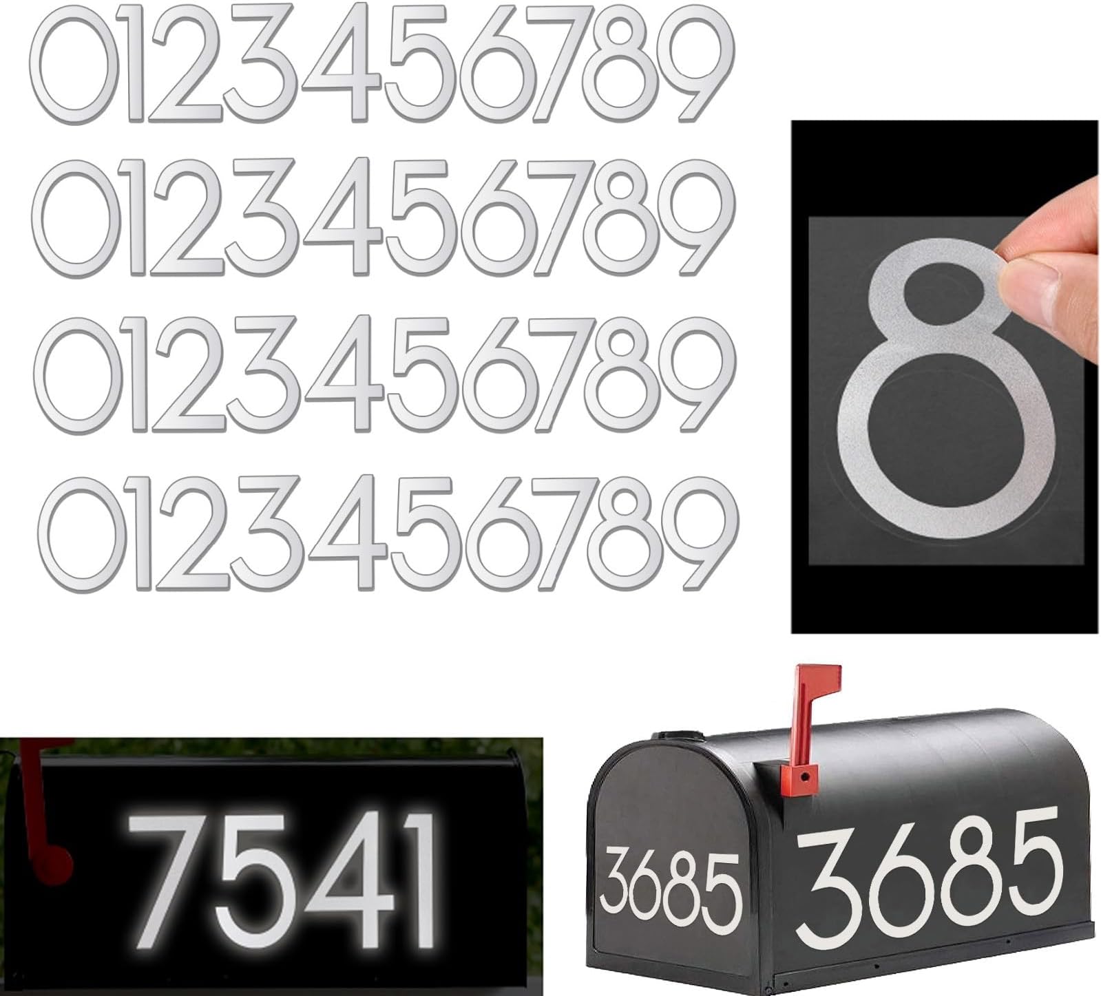 HLARTNET 4 Sets 3 inch White Reflective Mailbox Numbers - Mailbox Number Sitckers for Outside Vinyl Waterproof Number Easy Peel and Stick Self Adhesive Sticker for Signs, Door, Home Address Number