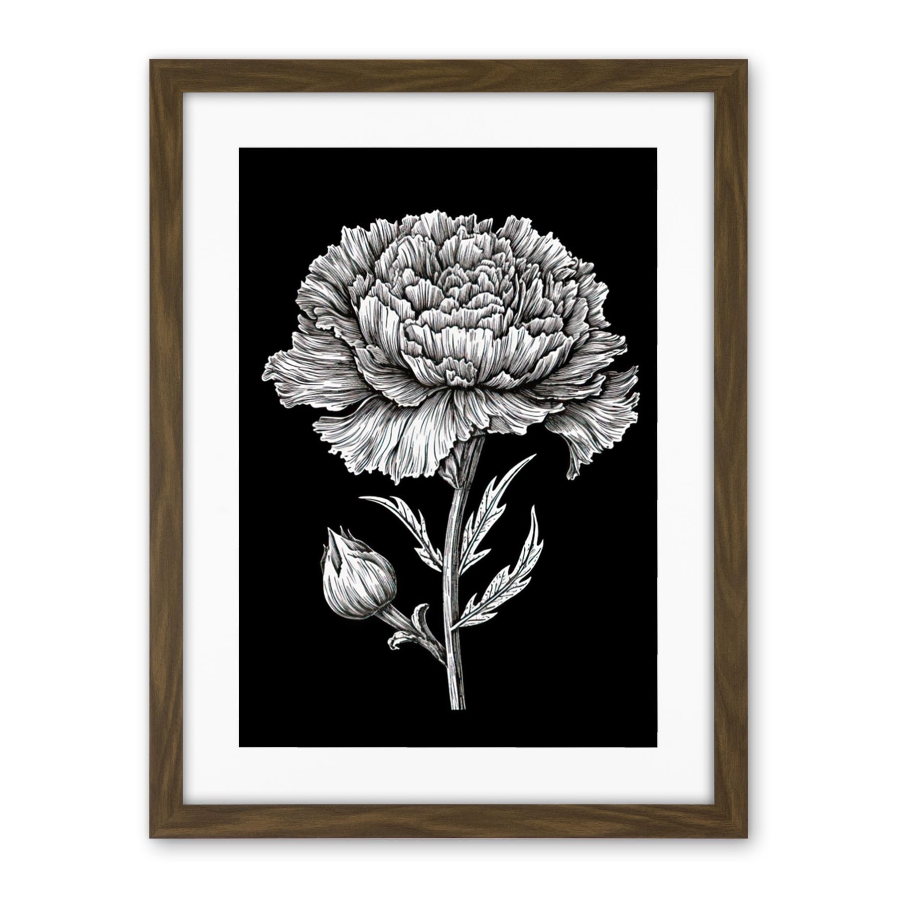 Artery8 Carnation Flower Black and White Linocut Print Artwork Framed Wall Art Print 18X24 Inch