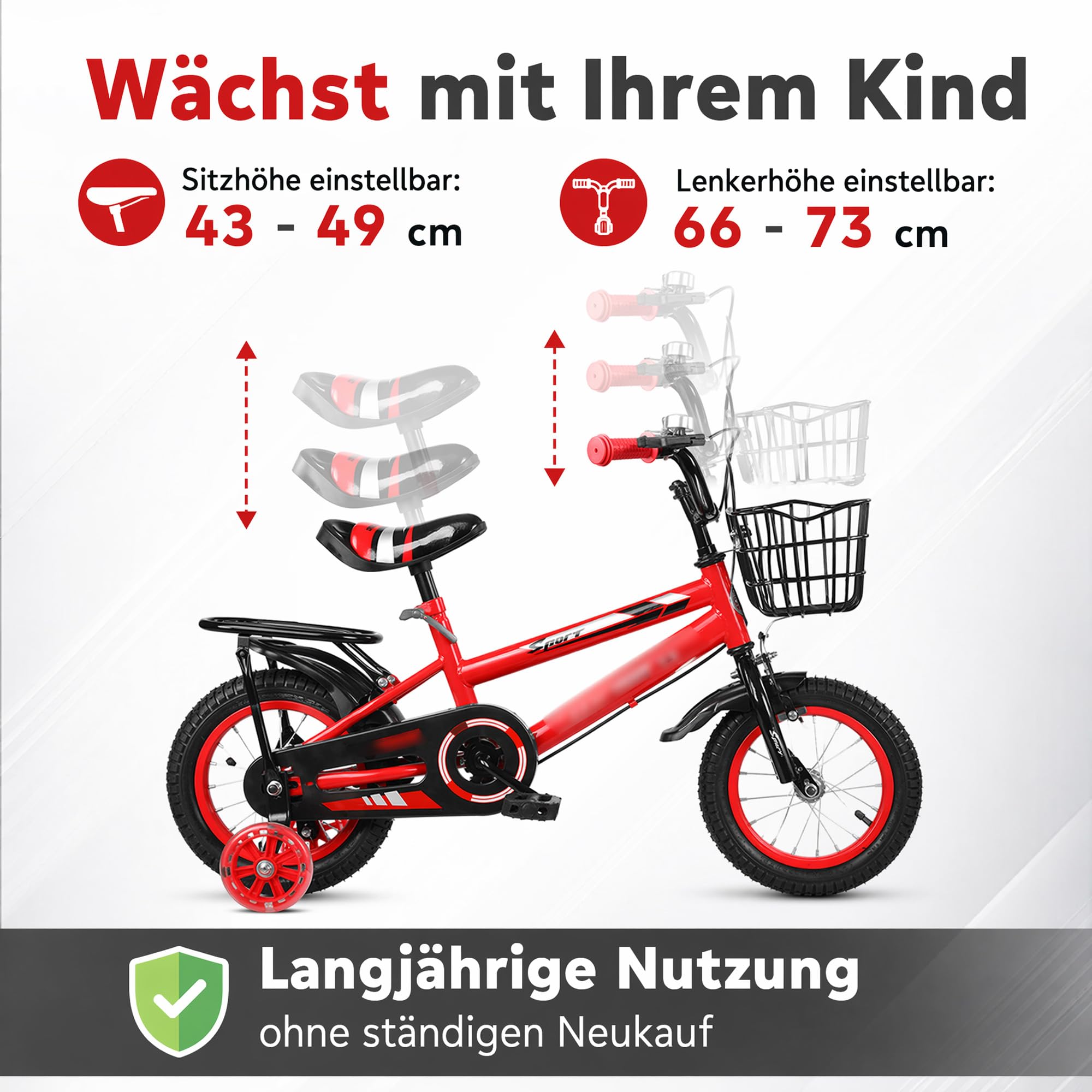 14 Zoll Kinderfahrrad ab 3 Jahre mit Stützrädern & Rücktritt | Höhenverstellbar, inkl. Korb & Kettenschutz für Mädchen und Jungen Fahrrad für Schulung Outdoor
