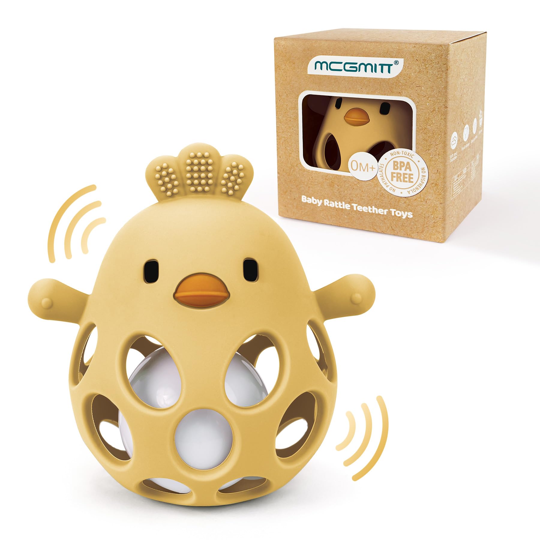 MCGMITT Palla presa Con Sonaglio – Massaggiagengive in Silicone BPA-free per Neonati, Giocattolo Sensoriale Montessori a Forma di pollo per Dentizione e Sviluppo Precoce 0-24 Mesi Bambini – Giallo