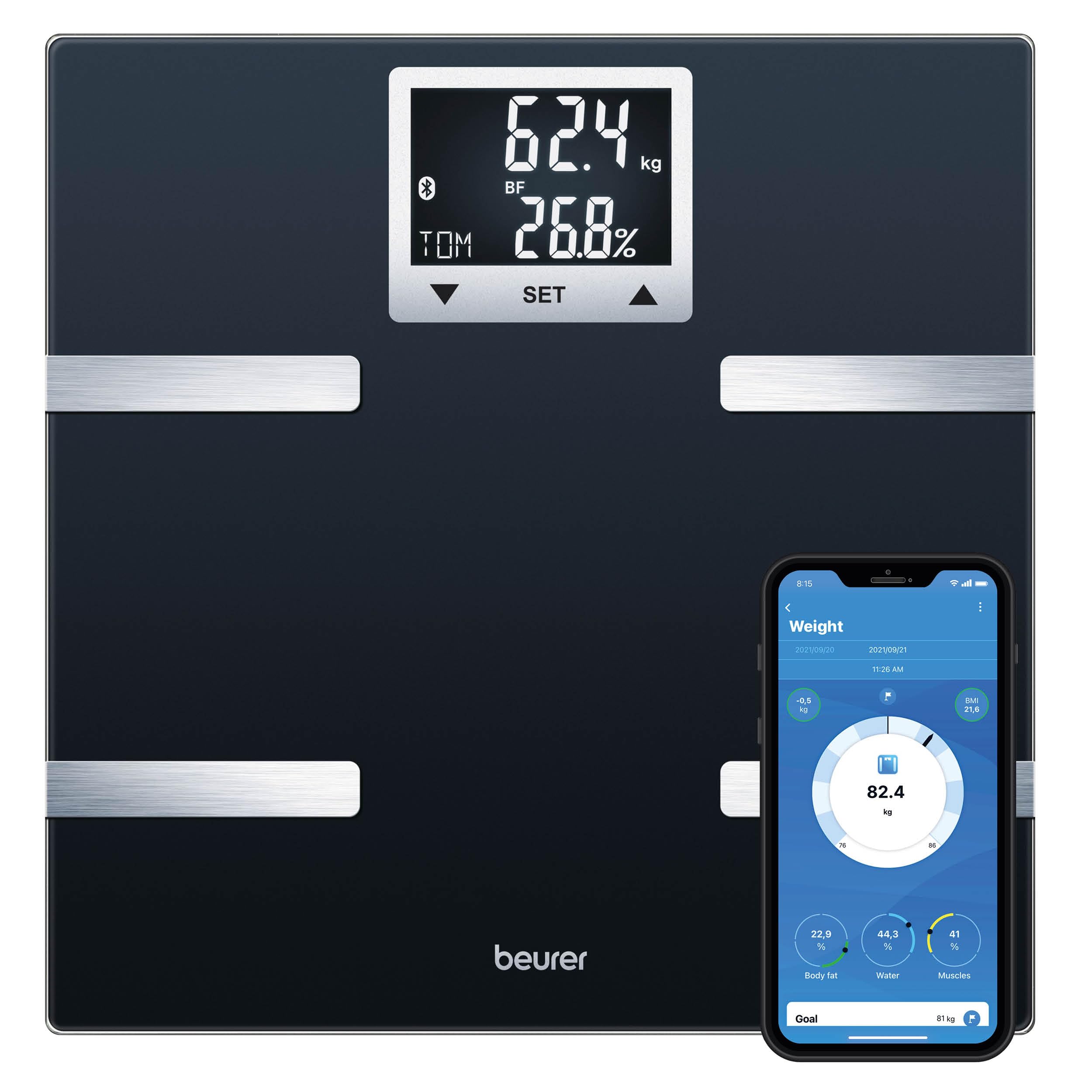 Beurer BF 720 Balance connectée Bluetooth avec APP, mesure poids, masse graisseuse, masse musculaire, besoins caloriques, noir