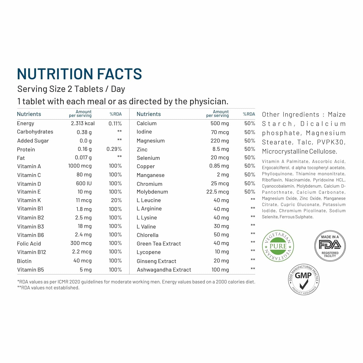 Men's Daily Multivitamin With Vitamin A, C, D, E, K, B1, B2,B3, B12, L Arginine, Amino Acid Blends, Ashwagandha & Ginseng Extract For Immunity, Joint, Stamina & Recovery- 60 Tablets Men's Daily Multivitamin With Vitamin A, C, D, E, K, B1, B2,B3, B12, L Arginine, Amino Acid Blends, Ashwagandha & Ginseng Extract For Immunity, Joint, Stamina & Recovery- 60 Tablets