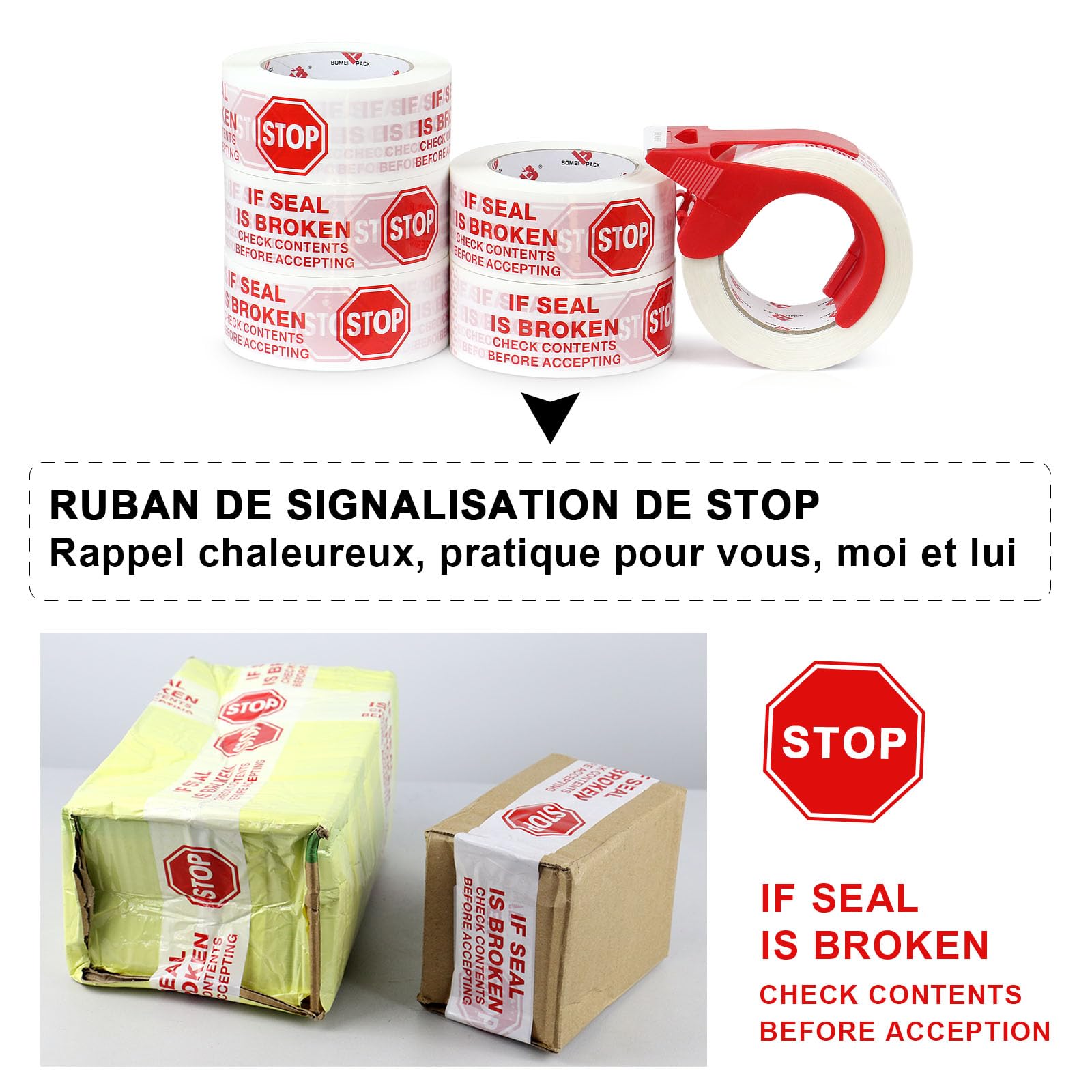 BOMEI PACK Cinta de embalaje de seguridad 100 m x 50 mm – 6 rollos con carrete | Impresión "IF SEAL IS BROKEN CHECK CONTENTS BEFORE ACCEPTING" | Adhesivo fuerte para paquete, almacén, comercio