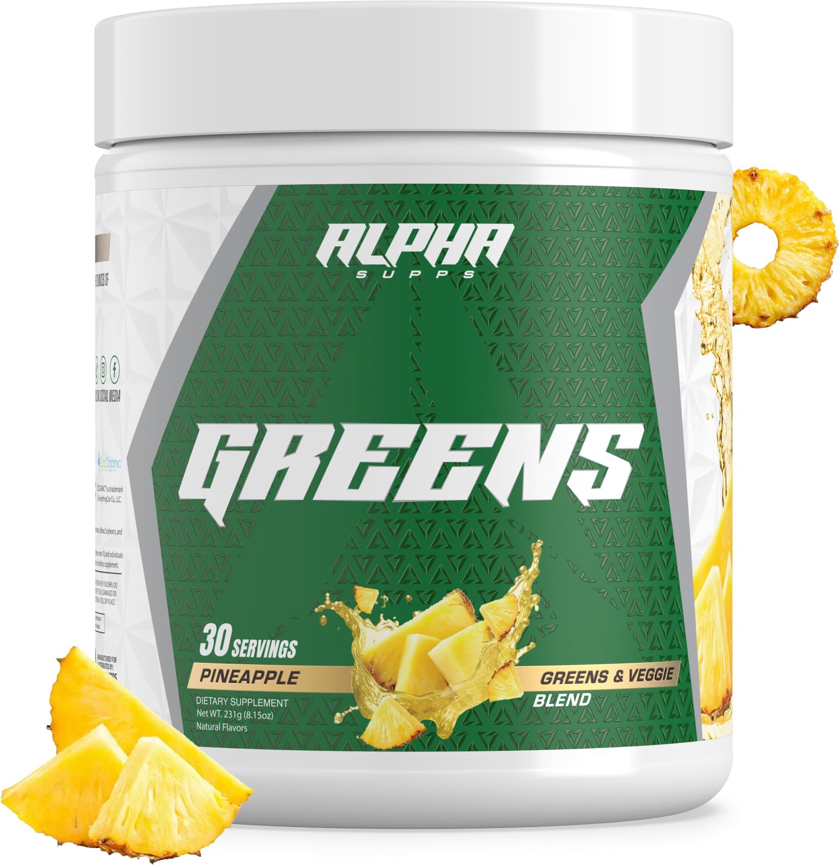 Alpha Supps - Alpha Greens Supplement | Fruit & Vegetable Superfood Powder | Over 40 Natural Plant Based Ingredients | Prebiotic & Probiotic Digestive Support Blend - 30 Servings (Pineapple)
