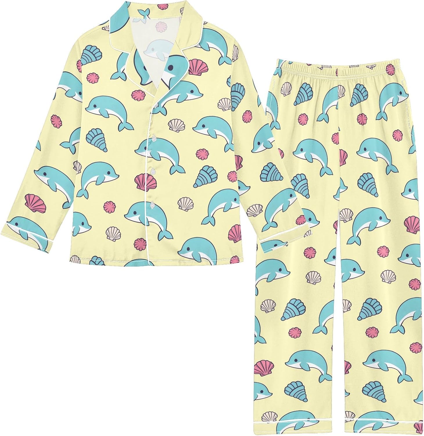 Kids Casual Satin Wear Set Dolphin Shell Pattern Unisex Relaxed Fit Clothing
