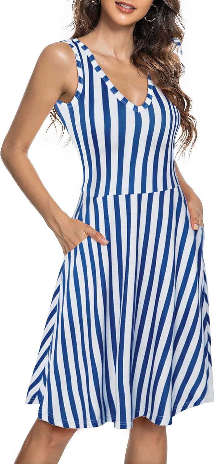 HUHOT Womens Sleeveless V Neck Dress with Pocket Summer Beach Midi