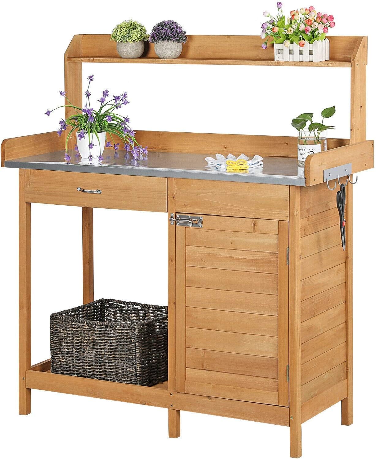 Potting Bench Table Planting Garden Work Benches Cabinet Shelf Outdoor Outside