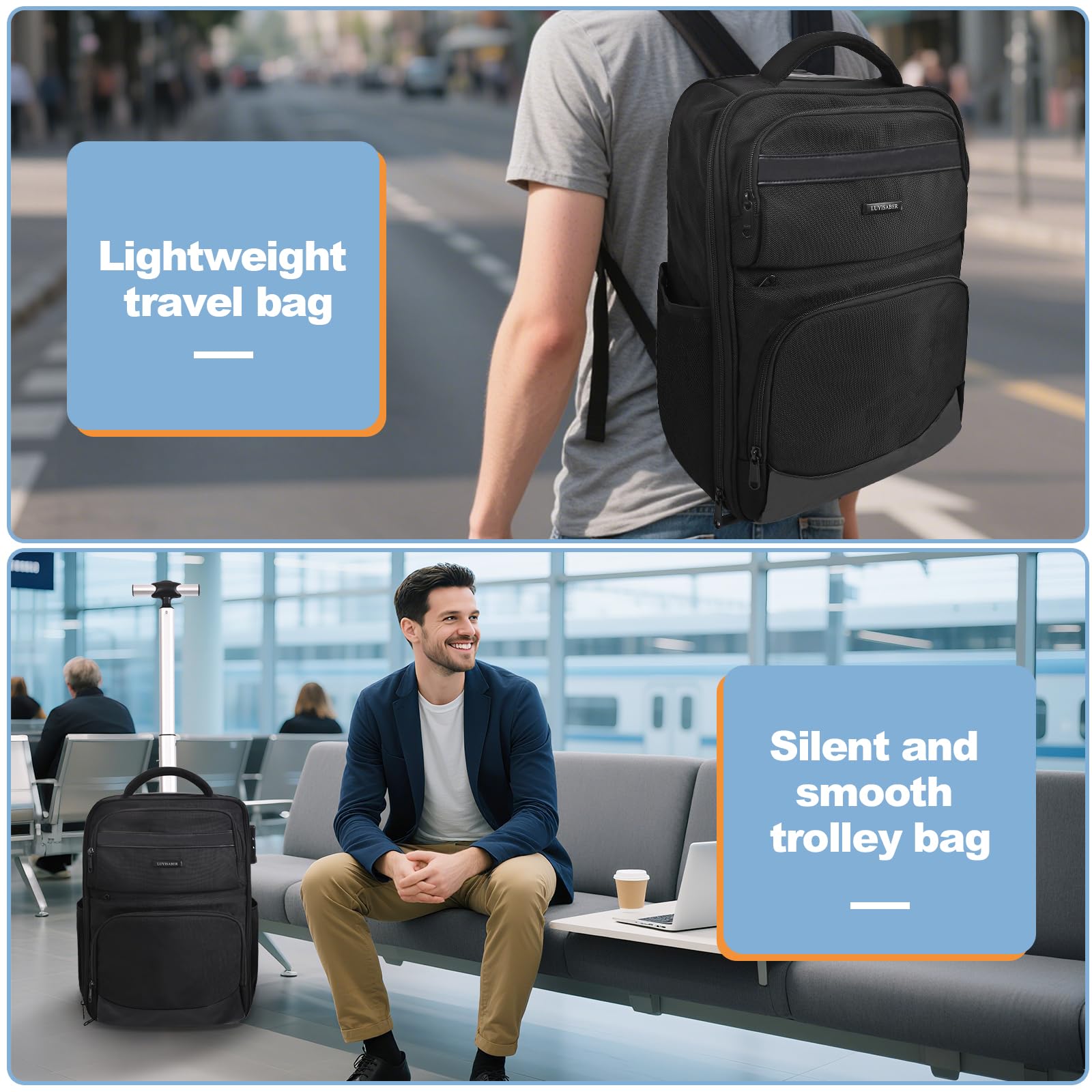 Hivexagon Passwortgeschützter Rollrucksack, 21 Zoll wasserdichter Laptop-Rollrucksack, Handgepäck-Businesstasche, große Kapazität, mehrlagiger Stauraum