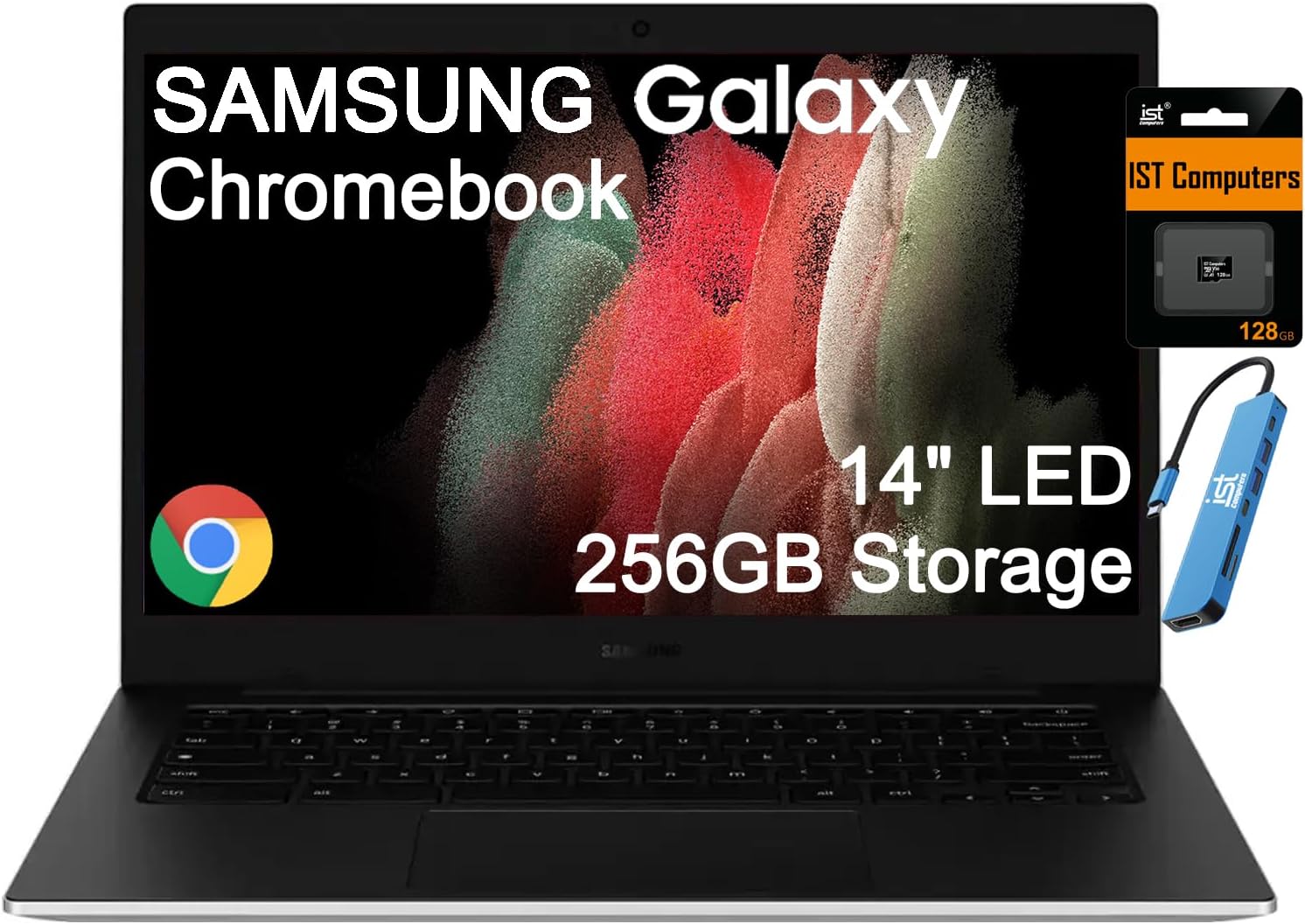 Samsung Galaxy Chromebook Go Laptop (14″ LED, Intel Celeron N4500, 256GB Storage (128GB eMMC + 128GB SD Card)) Home & Student, 12-Hr Long Battery, Spill-Resistant, Webcam, Wi-Fi 6, IST HUB, Chrome OS