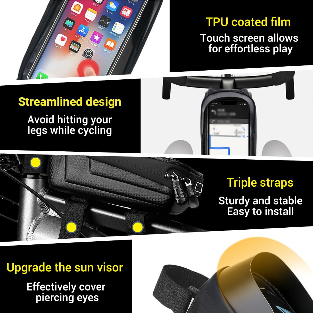 Borsa Bici Telaio Sgancio Rapido, Borsa Bici Telaio Impermeabile, con Visiera Parasole, orta Telefono Bici Portabilità, Borsello Bici Touchscreen per Smartphone Fino a 6,8'', Accessori Bici MTB