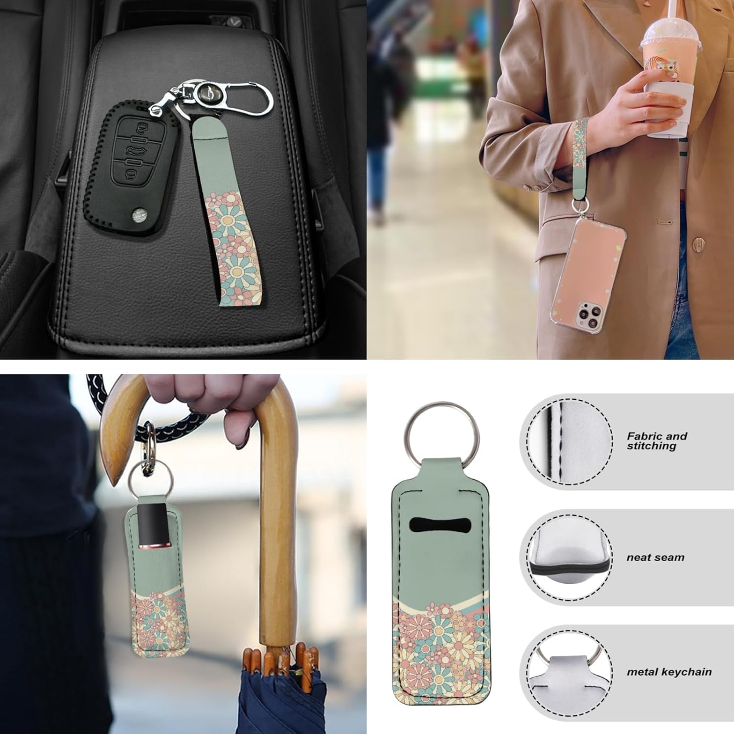 CLOHOMIN Hippie Flowers Aztec Auto Seat Cover Full Set of 13 Green Steering Wheel Cover Seat Belt Pads Armrest Cover Cup Holders Key Ring Car Accessories Set