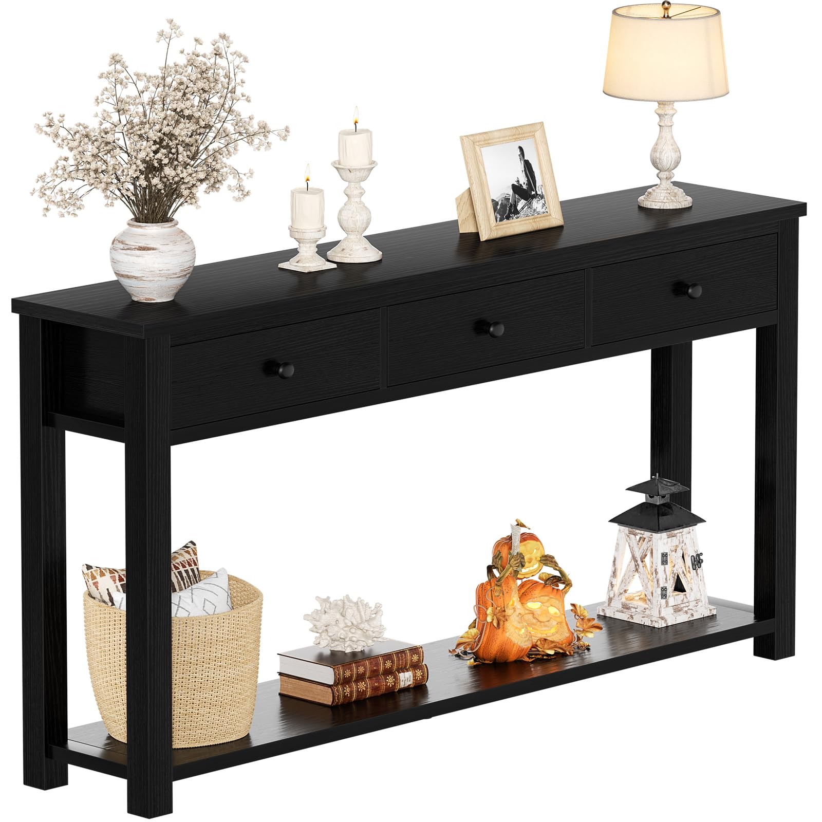 iSunirm Table console avec 3 tiroirs, 120 cm de largeur, en bois, avec compartiment de rangement pour salon, derrière le canapé, table de couloir pour couloir, salon ou entrée, noir