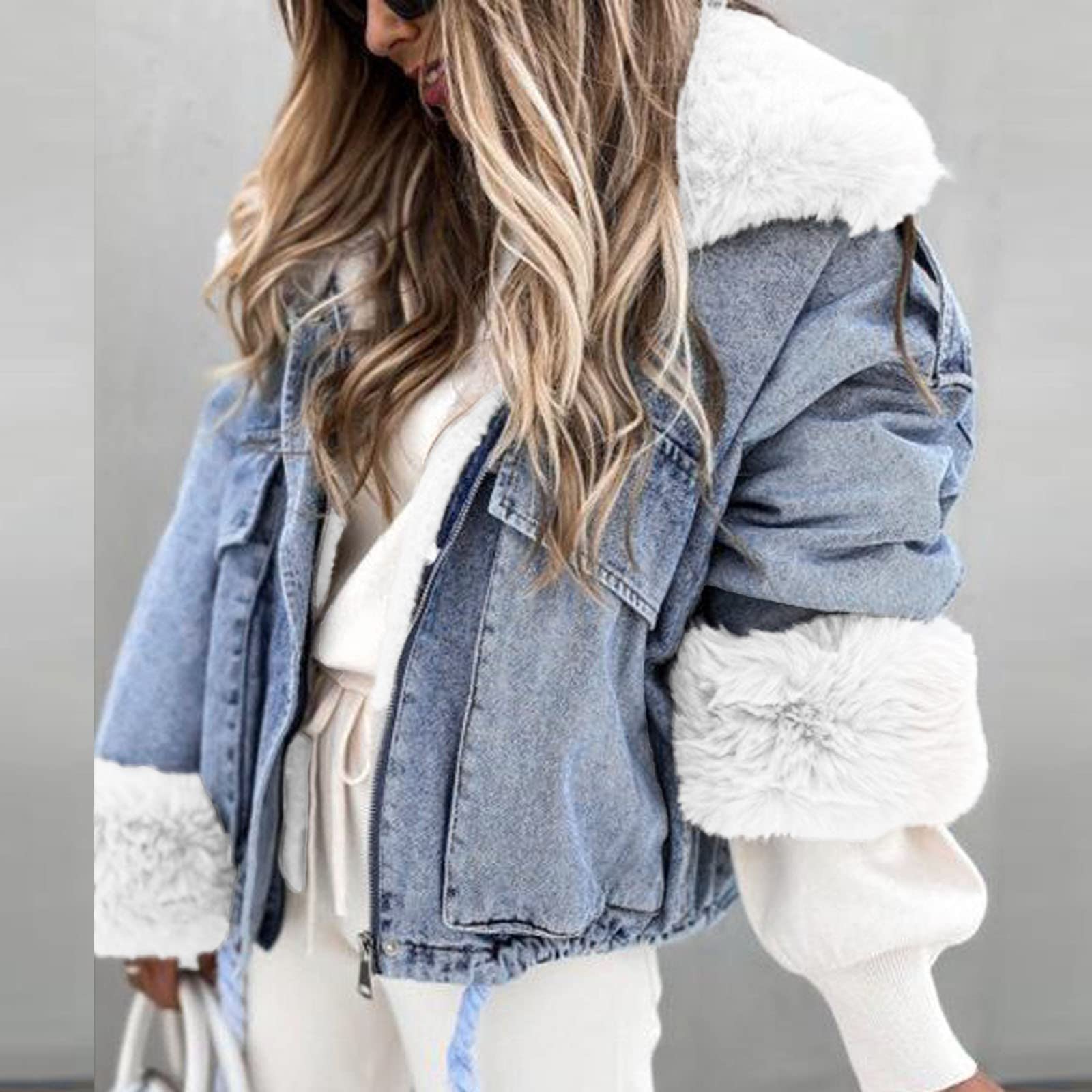 IQYU Chaqueta vaquera con pelo para mujer – Chaqueta de invierno para mujer, chaqueta larga y cálida, forro polar, con capucha, para adolescentes, para exteriores, chaqueta vaquera, chaqueta vaquera,