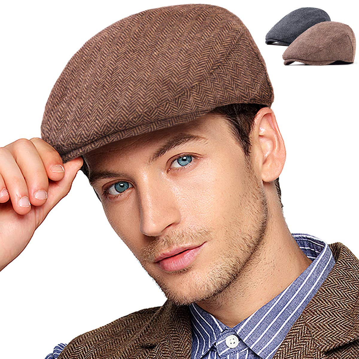2-Pack Adjustable Newsboy Hats for Men Flat Cap Irish Wool Blend Tweed