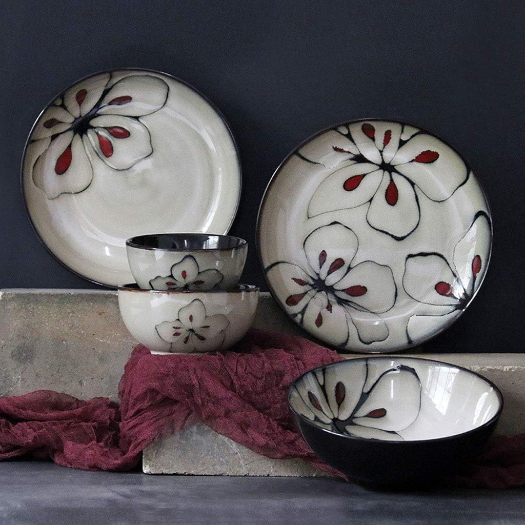 Flower Pattern Ceramic Tableware Home Creativity Deep Dish Salad Bowl Flat Plate Combination Retro Elegant Cutlery Set