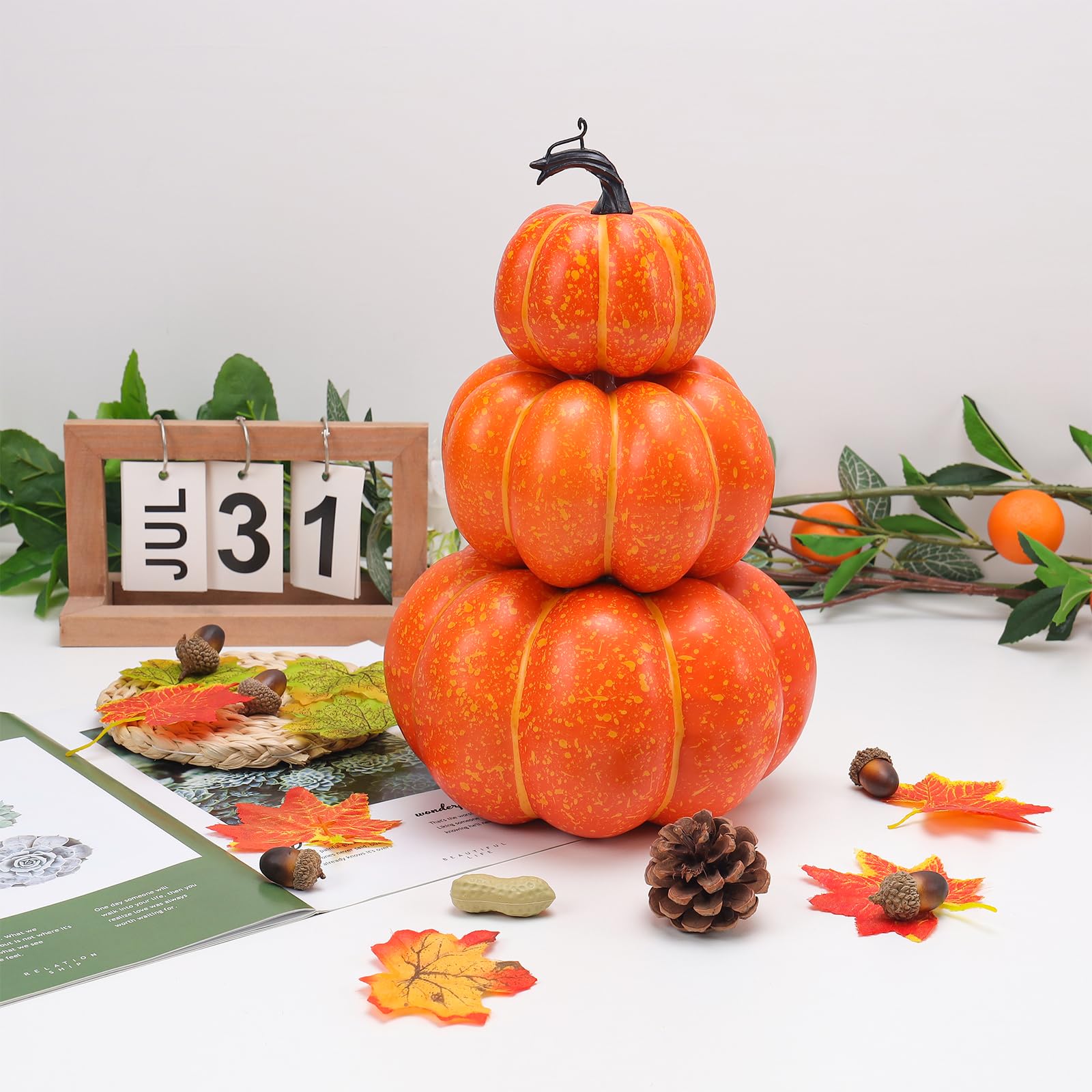 Gresorth 29cm Artificial Orange Pumpkin Tower Decoration Fake Fall Harvest Vegetable Display Realistic Stacked Foam Ornament Home Table Shelf - Image 4