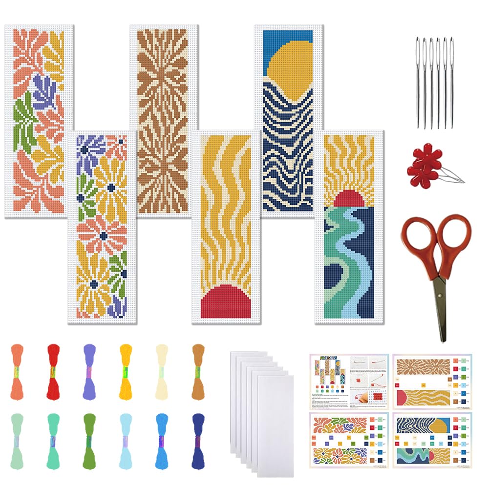 FREEBLOSS 6 Set Cross Stitch Bookmark Kits Bohemian Style Stamped Cross Stitch Bookmarks Set Stamped Cross Stitch Kits Bookmarks Embroidery Kit for Adults Beginners with Clear Instructions — image 1