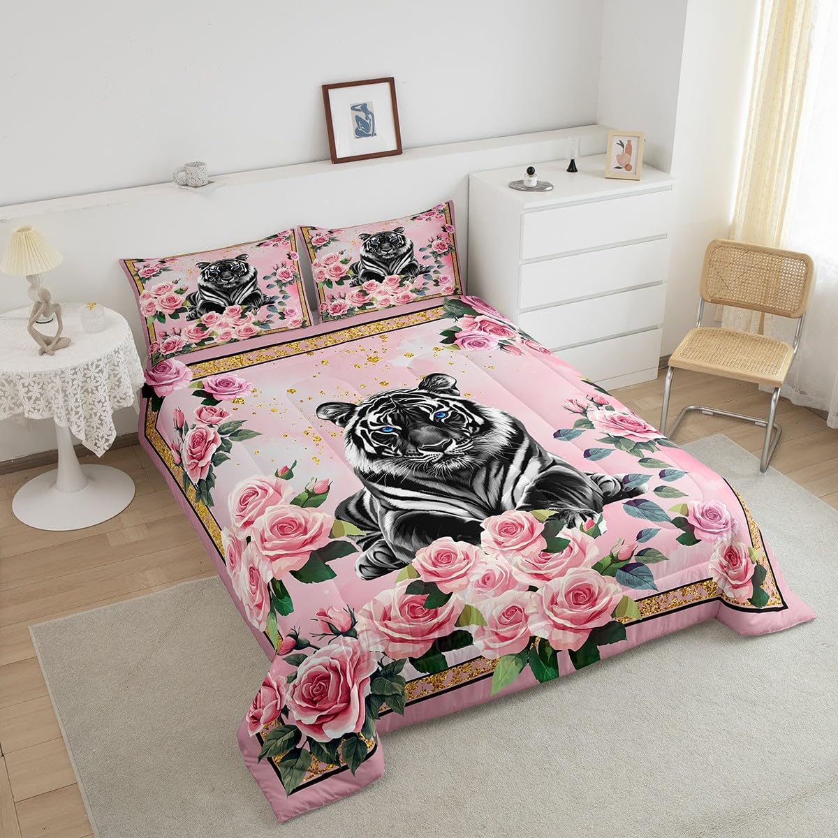 Toddler Size Tiger Duvet Quilt Boys Girls Wildlife Bedding Set for Kids Women Men Ultra Soft Animal Comforter Set Room Decor Pink Floral Bedclothes Breathable Soft Lightweight Microfiber
