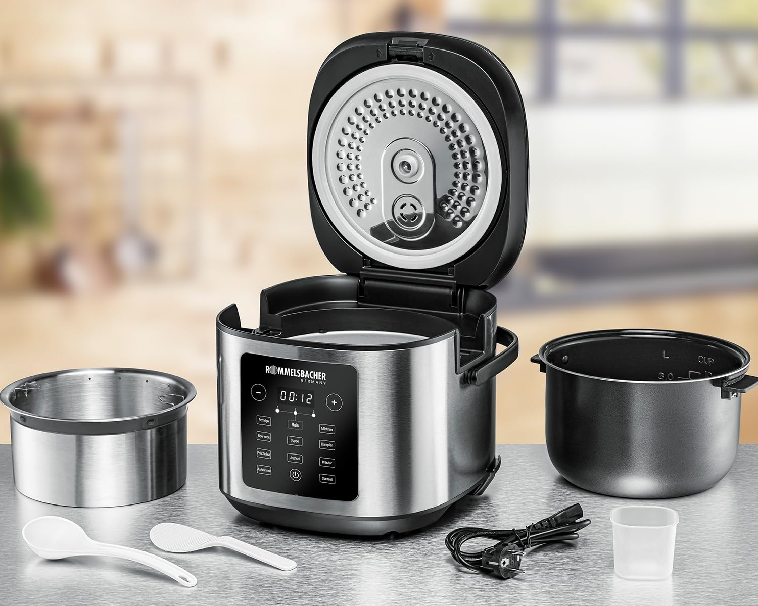 ROMMELSBACHER MRK 950 Cuiseur à riz multi-usages 12 programmes, départ différé 24 heures, technologie de chauffage 3D, économie d'énergie, revêtement en céramique, sans PFAS, volume utile de 3,5 l