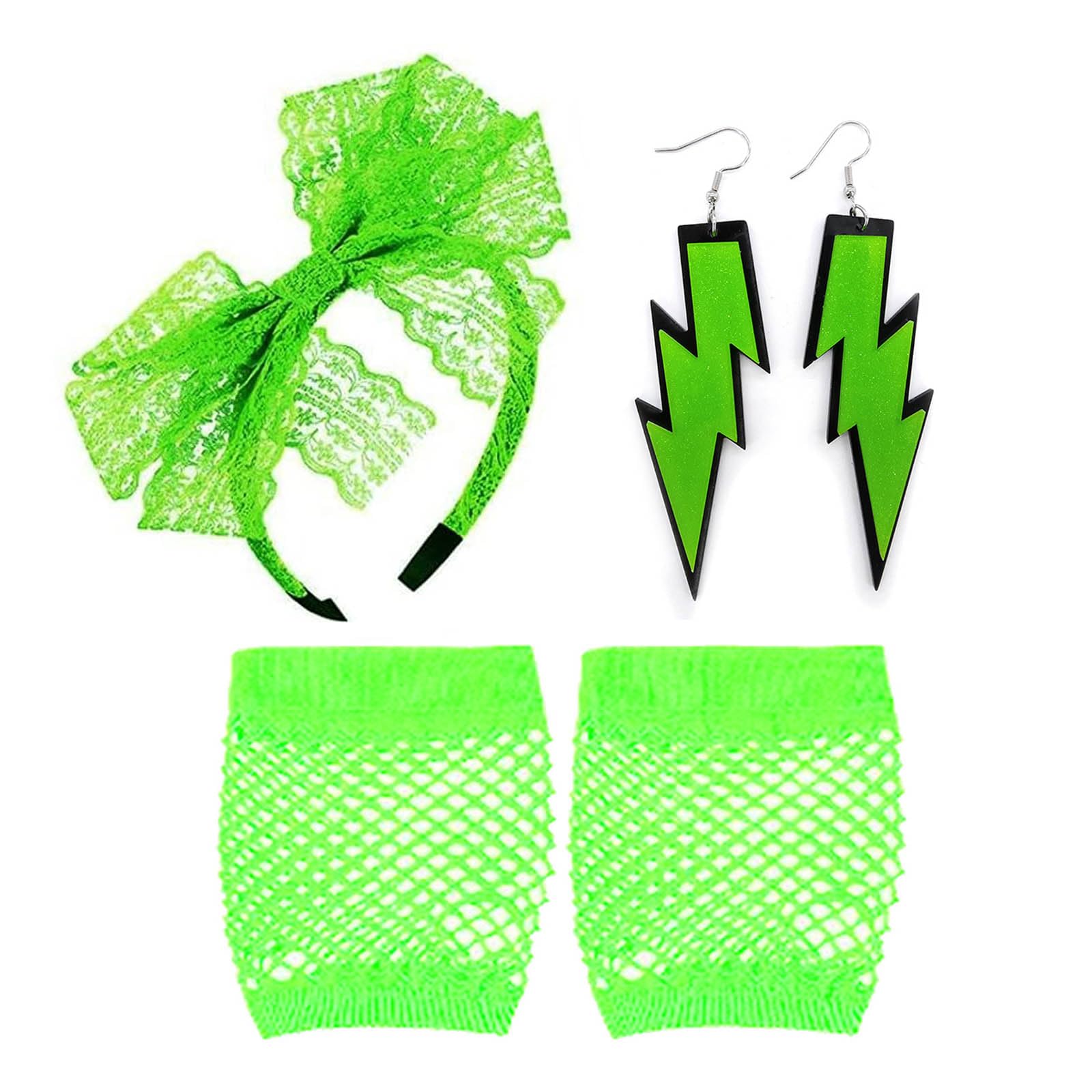 5 Pcs 80s Fancy Dress Costume Accessories, Lace Bow Headband, Fishnet Gloves, Earrings