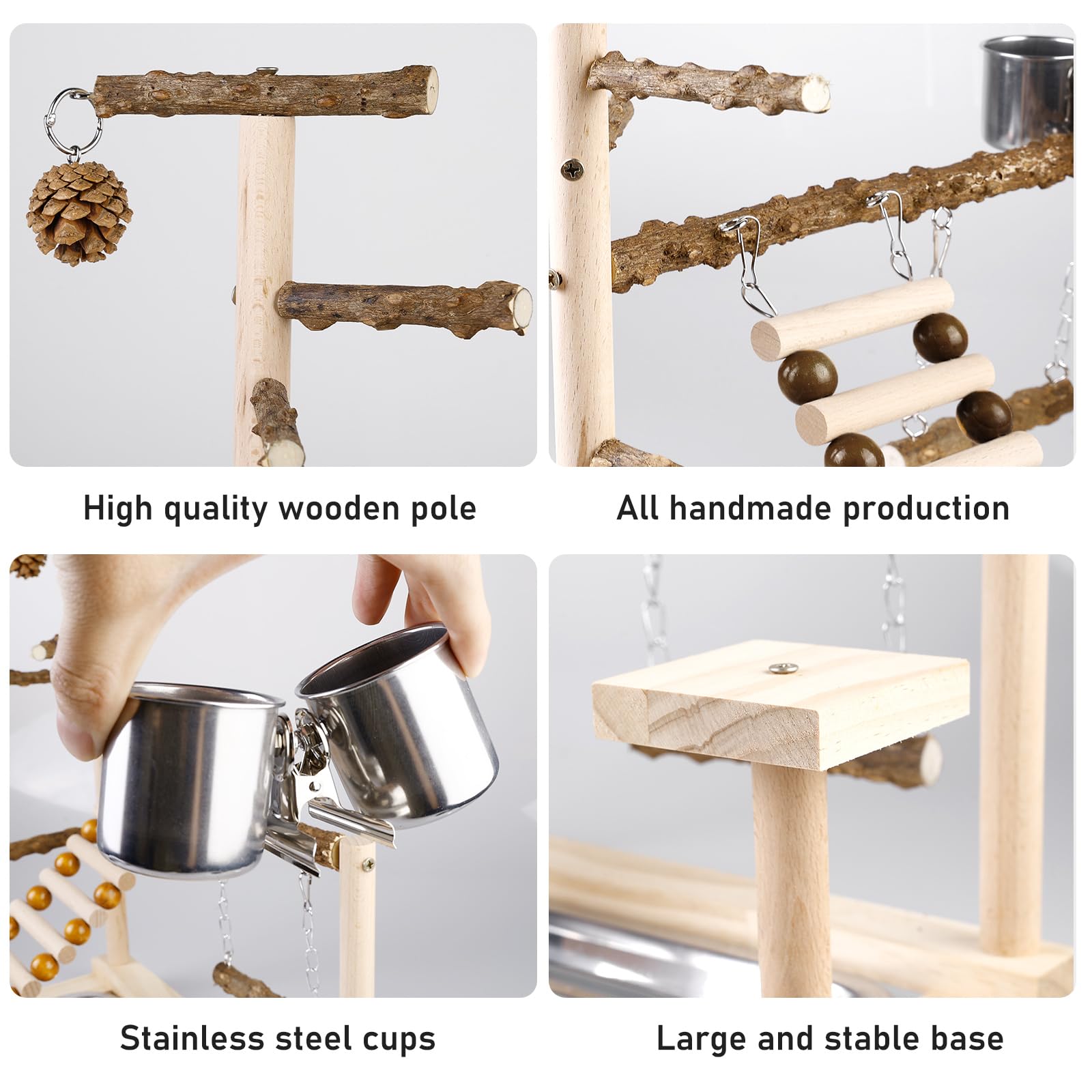 Loro Juegos para loros, Pinguelli, Calopsitte, Guacamayo, Parque de juegos de madera, Trespolo con tazas y bandeja, Fringe