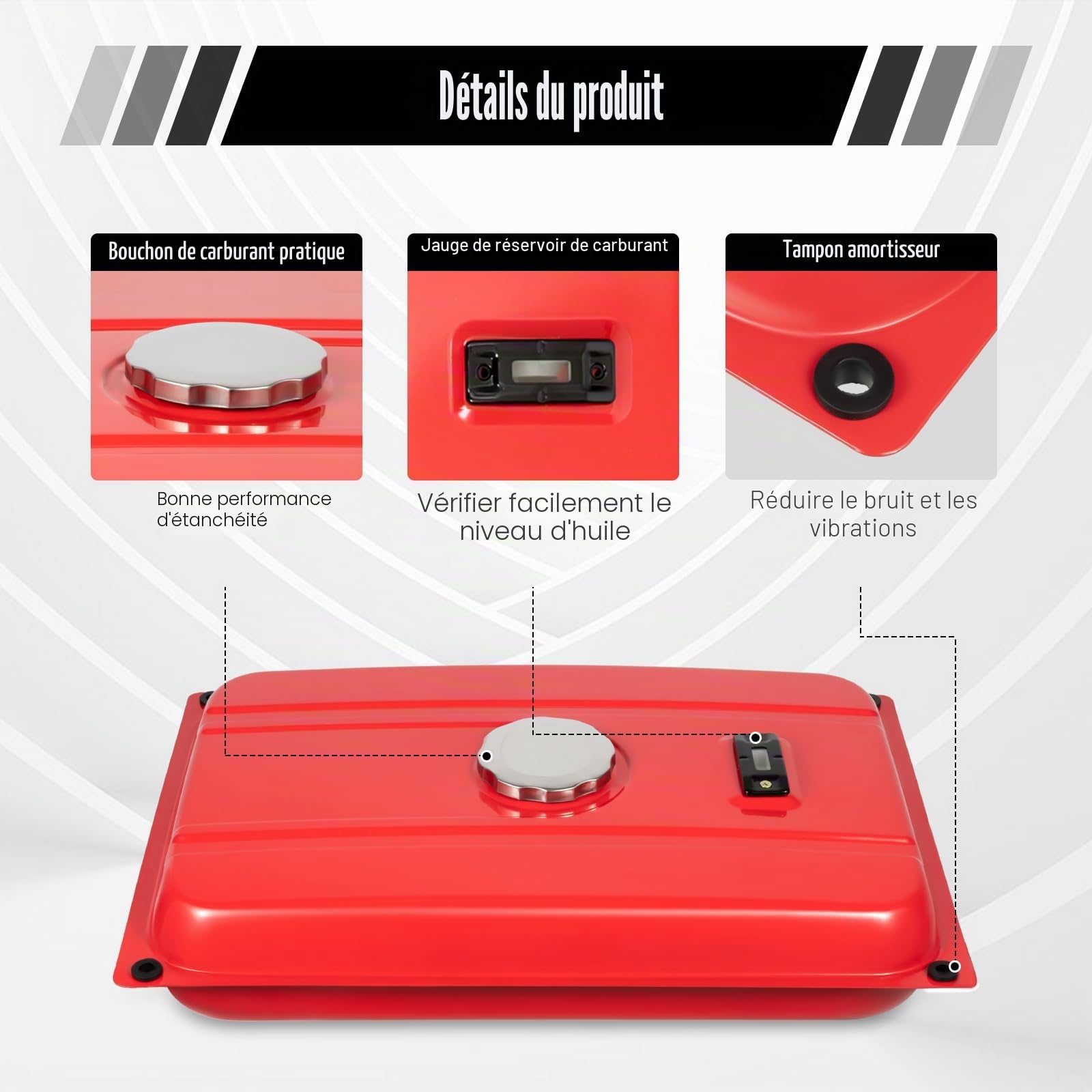 Générateur de réservoir de carburant universel [15 l fer] pour générateurs de courant, avec filtre et robinet, 54,9 x 36 cm (rouge) pour chantier/travail du bois