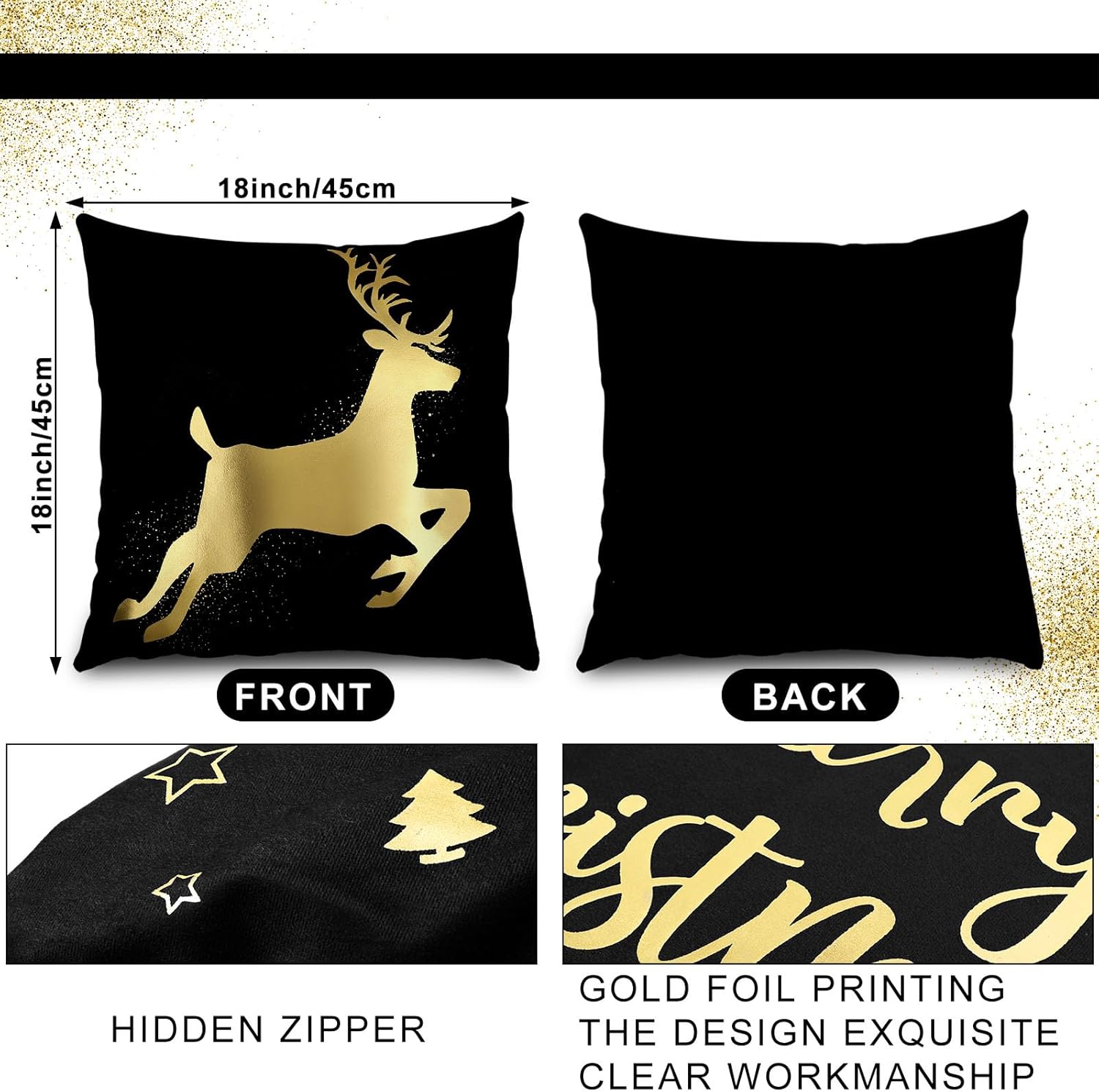 Tatuo Christmas Pillow Covers 18 x 18 Set of 6 Christmas Decoration Throw Pillow Covers Winter Holiday Decor Cushion Cases for Sofa Couch Bedroom Xmas Tree Snowflake Reindeer(Black, Gold)