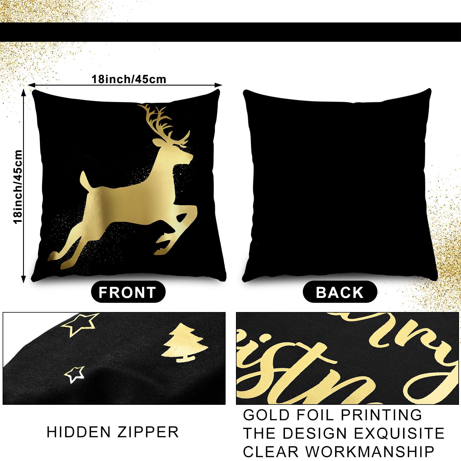 6 Pcs Housses de Coussin de Noël Taies d'oreiller Joyeux Noël Housses d'oreiller en Peluche pour Décoration d'hiver Vacances Canapé Sofa Bureau Chambre 45 x 45 cm (Noir, Or)