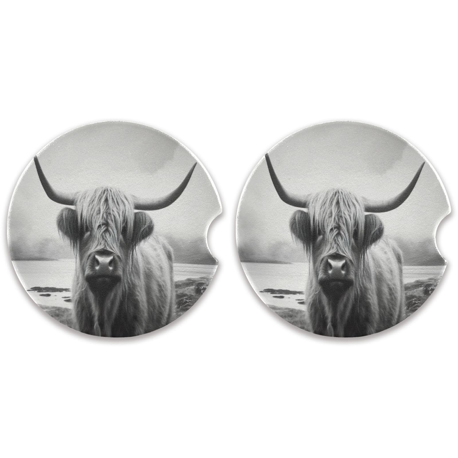 KEEPREAL 2 Pack Funny Scottish Highland Cow Car Coasters for Drinks Absorbent, Ceramic Car Cup Holder Coaster for Your Car with Fingertip Grip, 2.5 inch