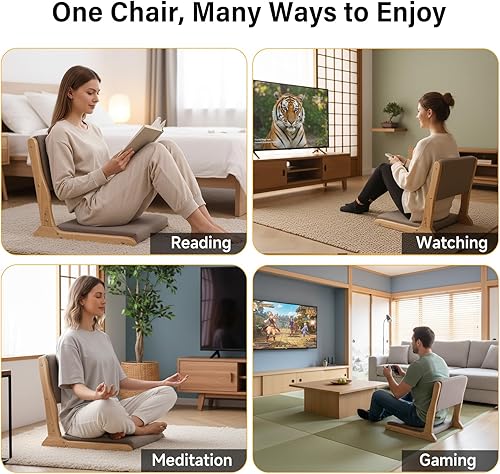 Miniatura 5 de Tiita Silla de juegos de suelo de 2 piezas, sillas plegables de tatami de meditación, silla de respaldo con cojín, asiento de silla de sala de