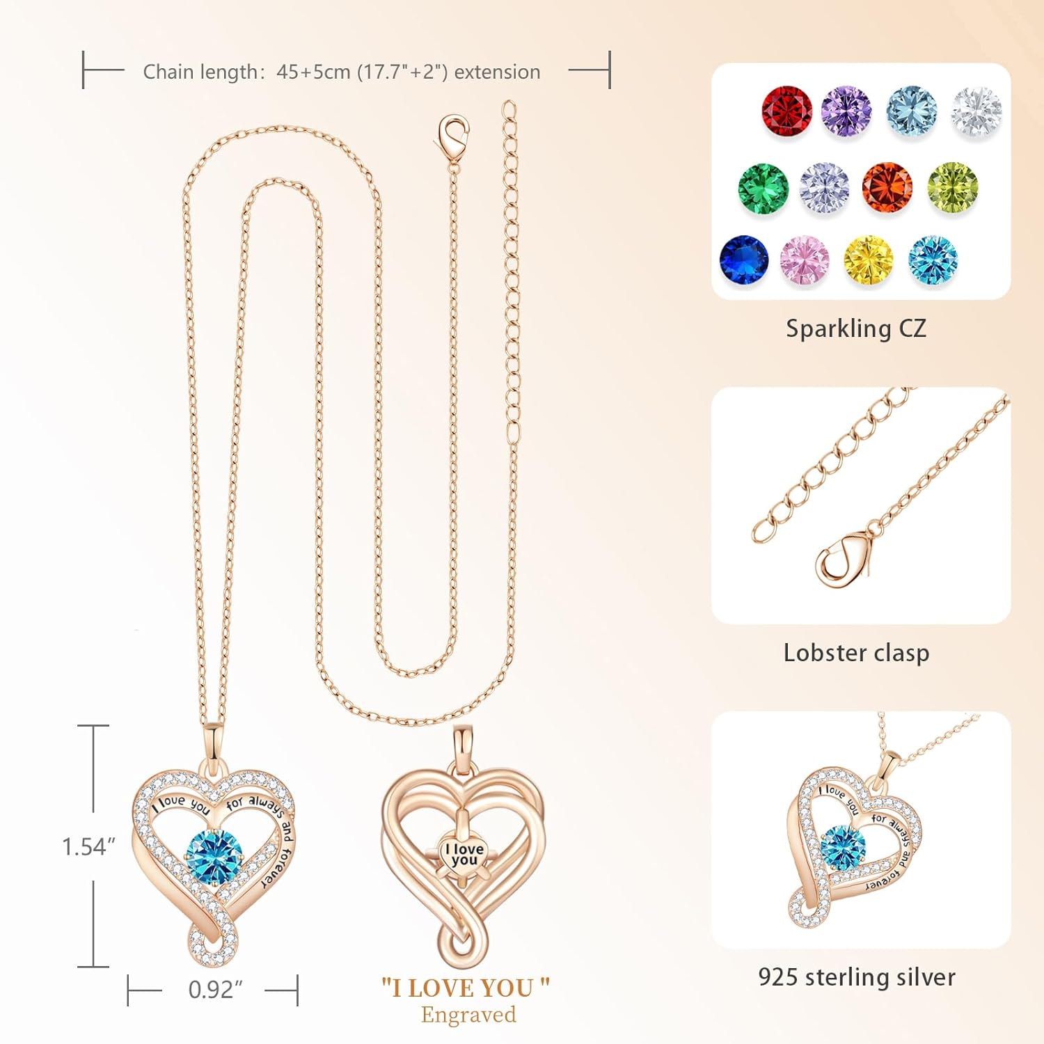 Birthstone Heart Necklaces for Women, Infinity Pendent S925 Sterling Silver Jewelry for Women, Wedding Anniversary, Birthday Mother’s Day Gifts for Mom, Mother, Wife, Girlfriend - Image 4