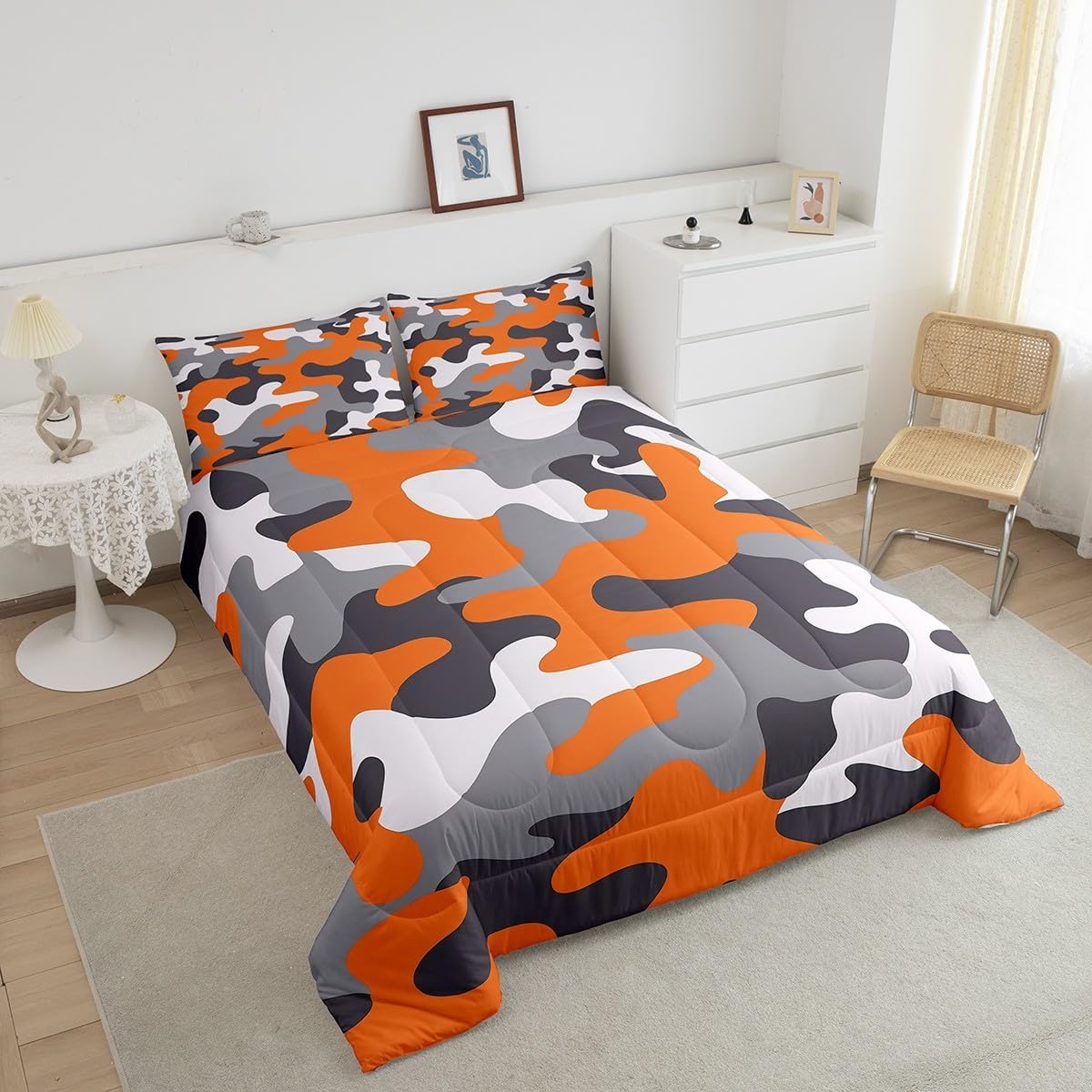 Erosebridal Kids Teens Camo Comforter Set,Boys Camouflage Bedding Sets Twin,Orange Grey White Colorful Pattern Style Quilt Set,Farmhouse Militarily Duvet Insert with 1 Pillowcase Bedroom Decor