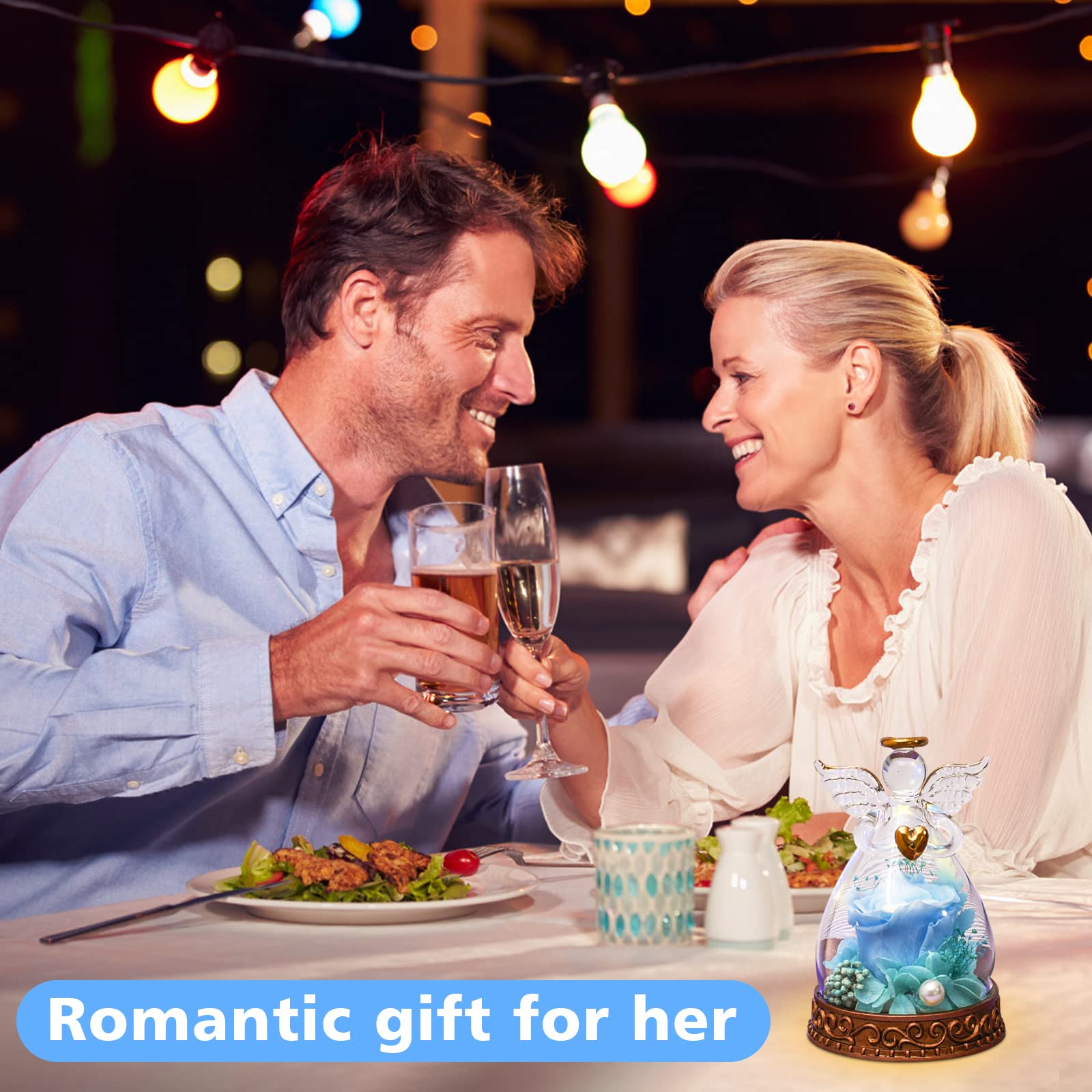 Angelo regalo per donne, mamma, nonna, vera rosa conservata in vetro angelo statuetta con luce LED, 1PSC Rose regalo per festa della mamma, Natale, compleanno, San Valentino (blu)
