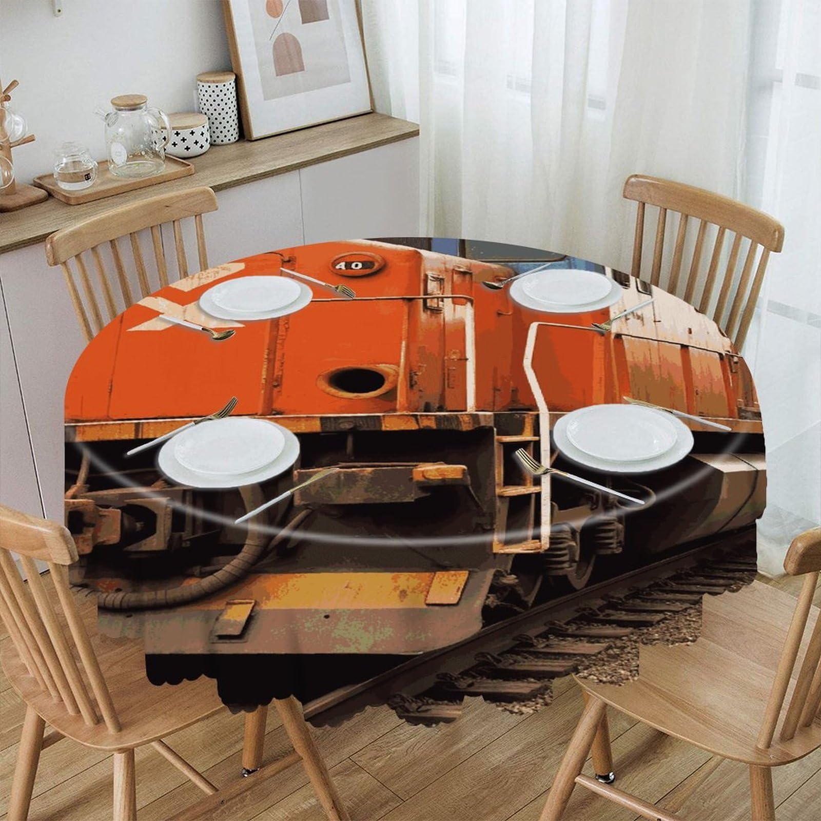 VstaDank Train Round Tablecloth 60 Inch Easy to Clean Circle Table Cover Thick Decorative Round Polyester Table Cloth for Dining Kitchen Party Farmhouse Outdoor