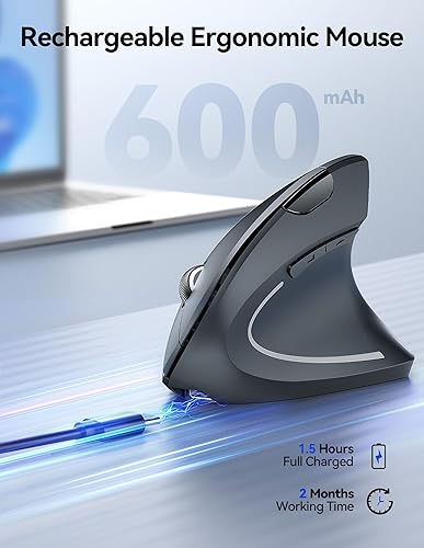 Miniatura 3 de TECKNET Ratón inalámbrico ergonómico, mouse inalámbrico recargable silencioso para túnel carpiano mano derecha, mouse vertical USB de 2.4 GHz