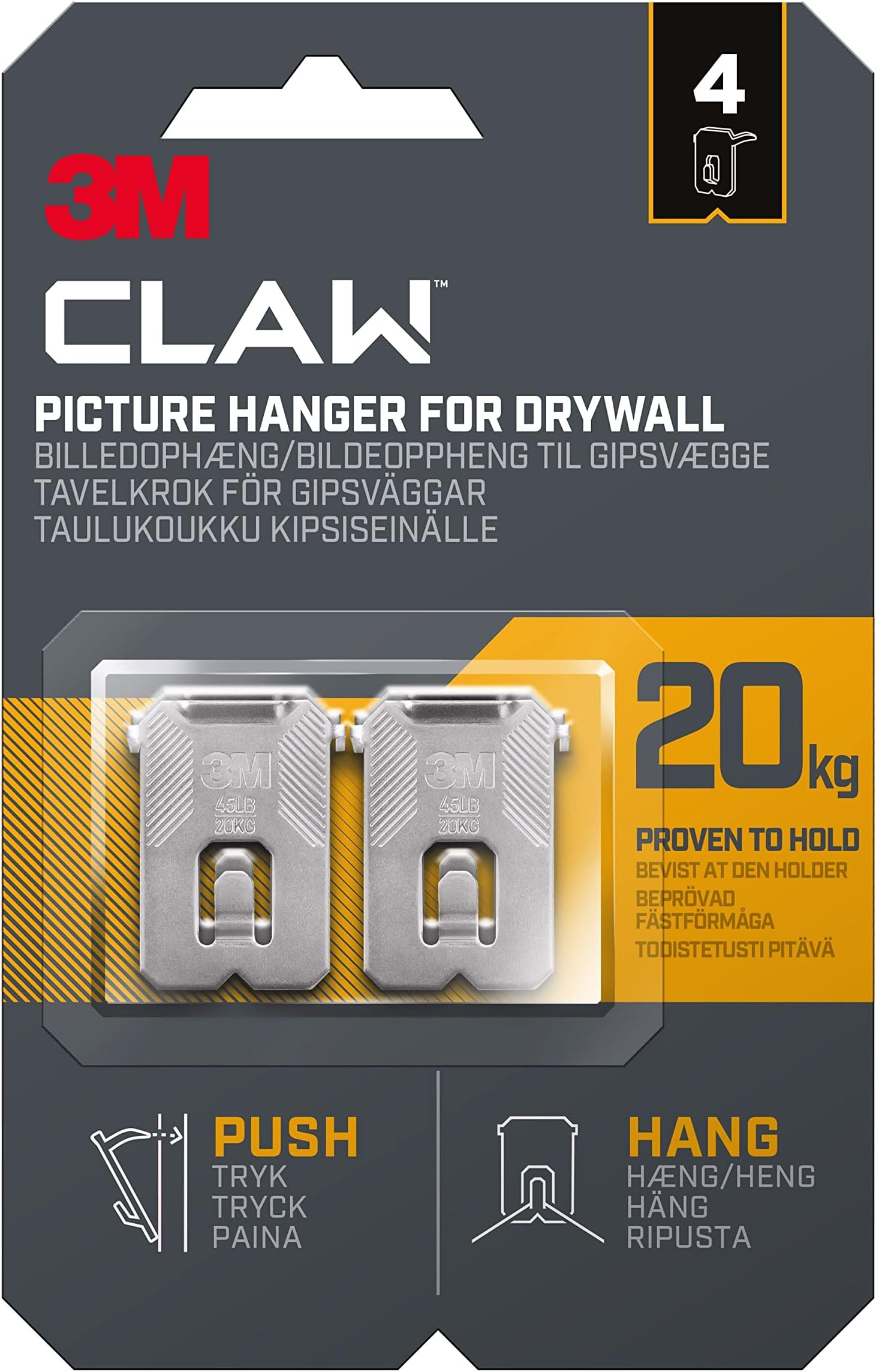 3M Claw Plasterboard Picture Hanging Wall Hooks For Hanging Home Décor, 4 Hangers, Holds up to 20 kg - Ideal for Heavyweight Items
